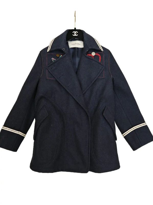 Valentino Valentino Navy Wool Printed Short Coat 0089 Size XS / US 0-2 / IT 36-38 - 1 Thumbnail