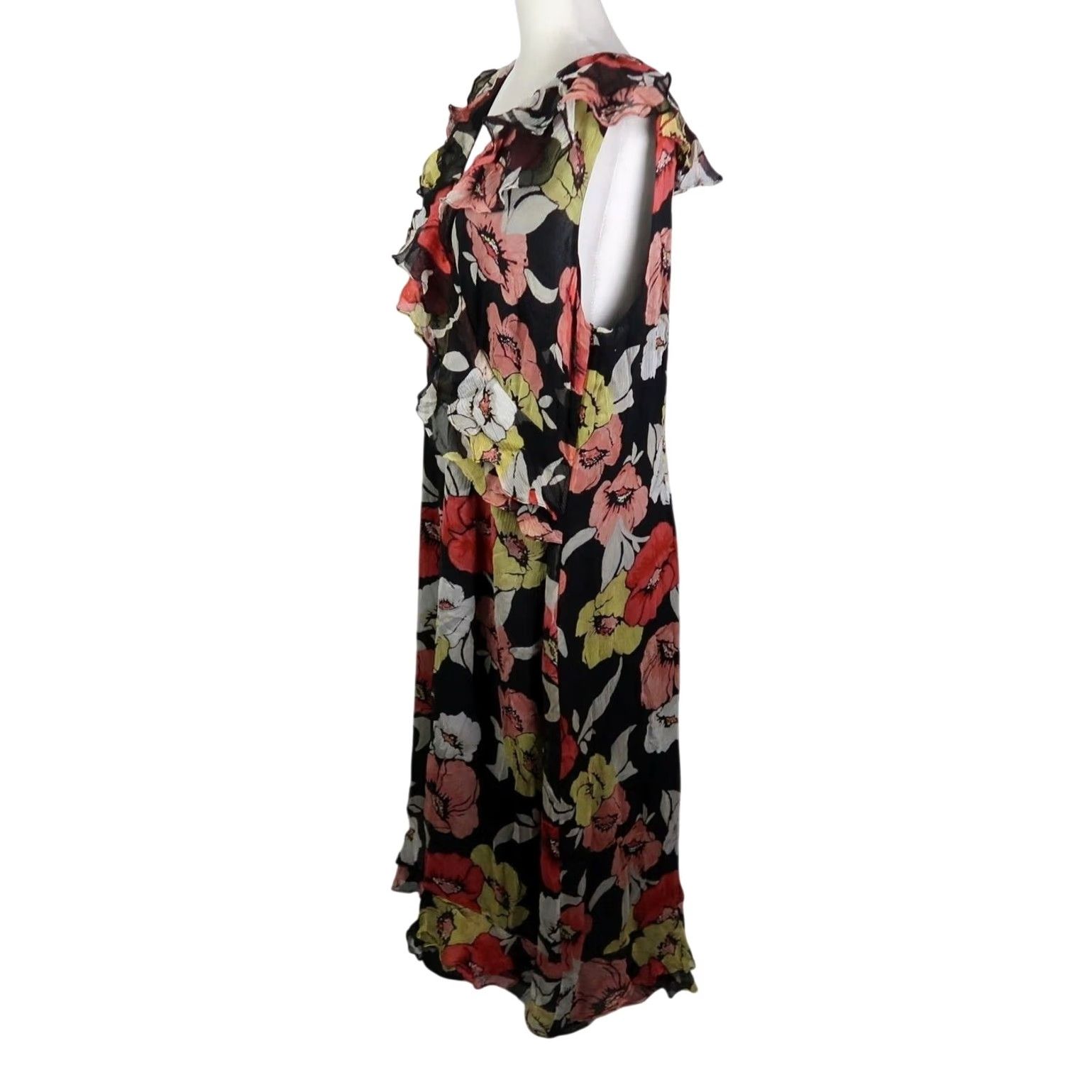 Alfani VINTAGE Alfani Black Floral Silk Midi Dress Ruffle Trim 16W Size XXL / US 16-18 / IT 52-54 - 3 Thumbnail