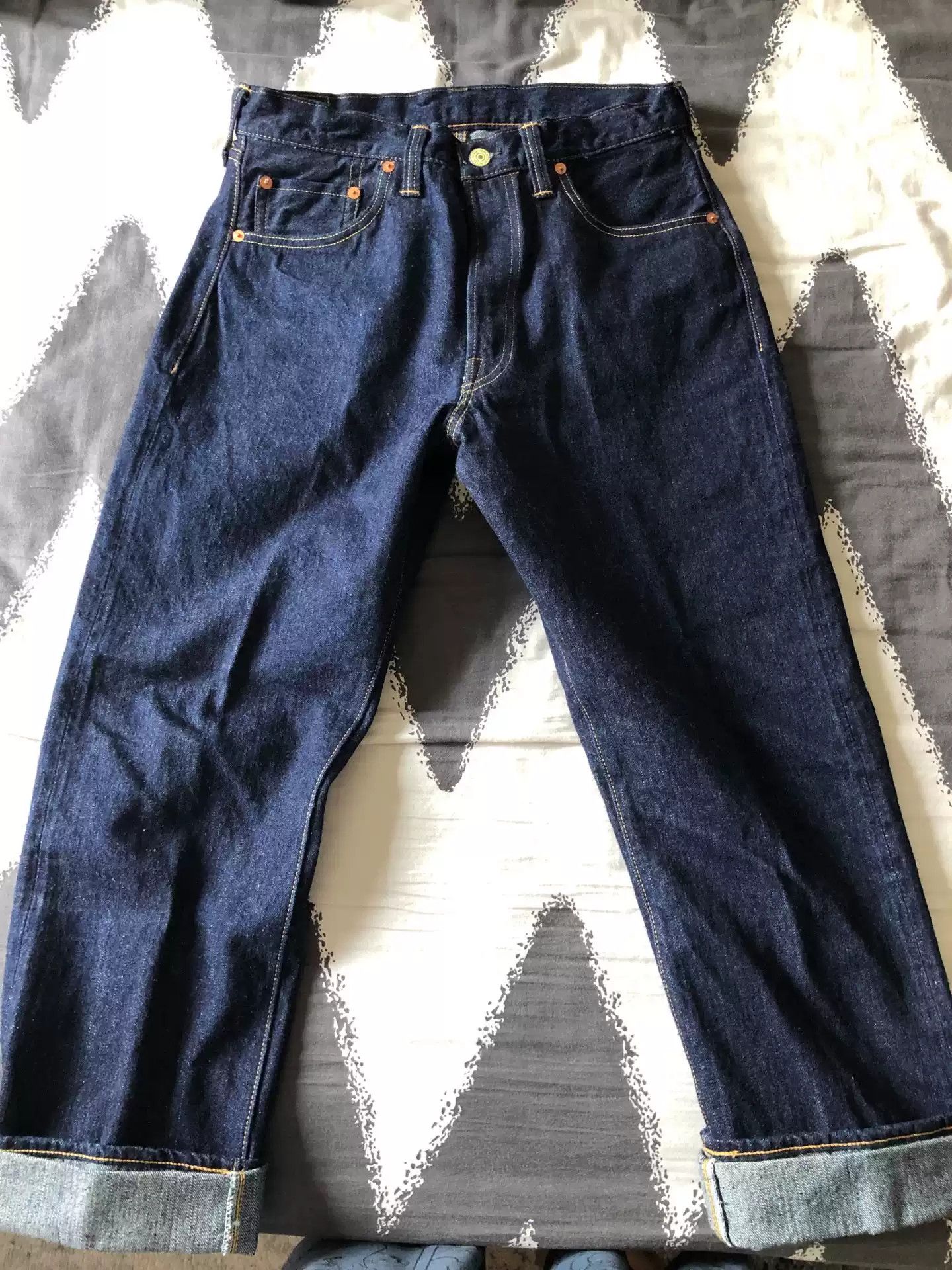 image of Freewheelers 601Xx (1951) Straight Tube Primary Color Jeans in Blue, Men's (Size 32)
