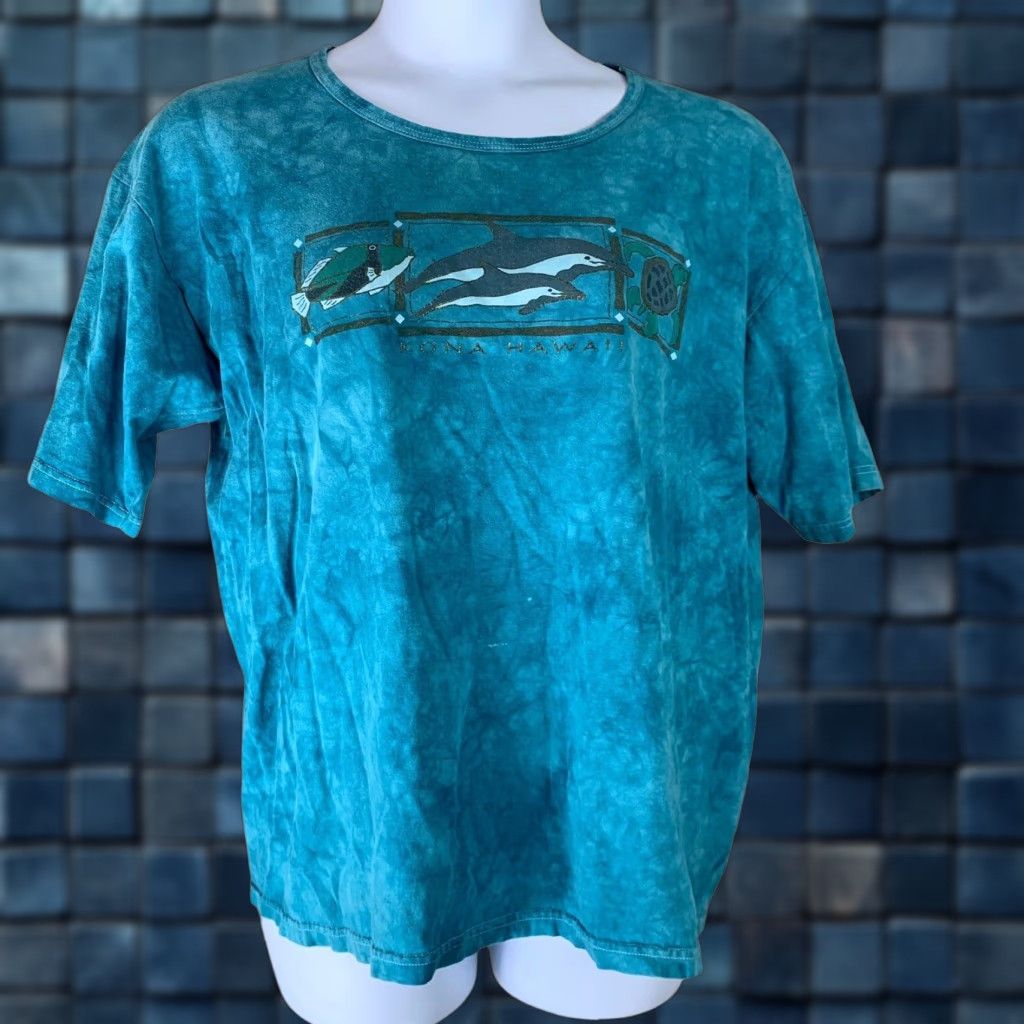 VINTAGE Guava Beach Shirt XL Blue Tie Dye Kona Hawaii Graphic Tee Womens XL Distressed AS IS