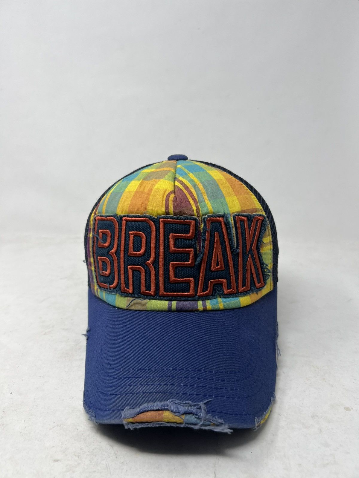 Japanese Brand Plaid "BREAK" Distressed Embroidered Streetwear Trucker Hat Size ONE SIZE - 5 Thumbnail