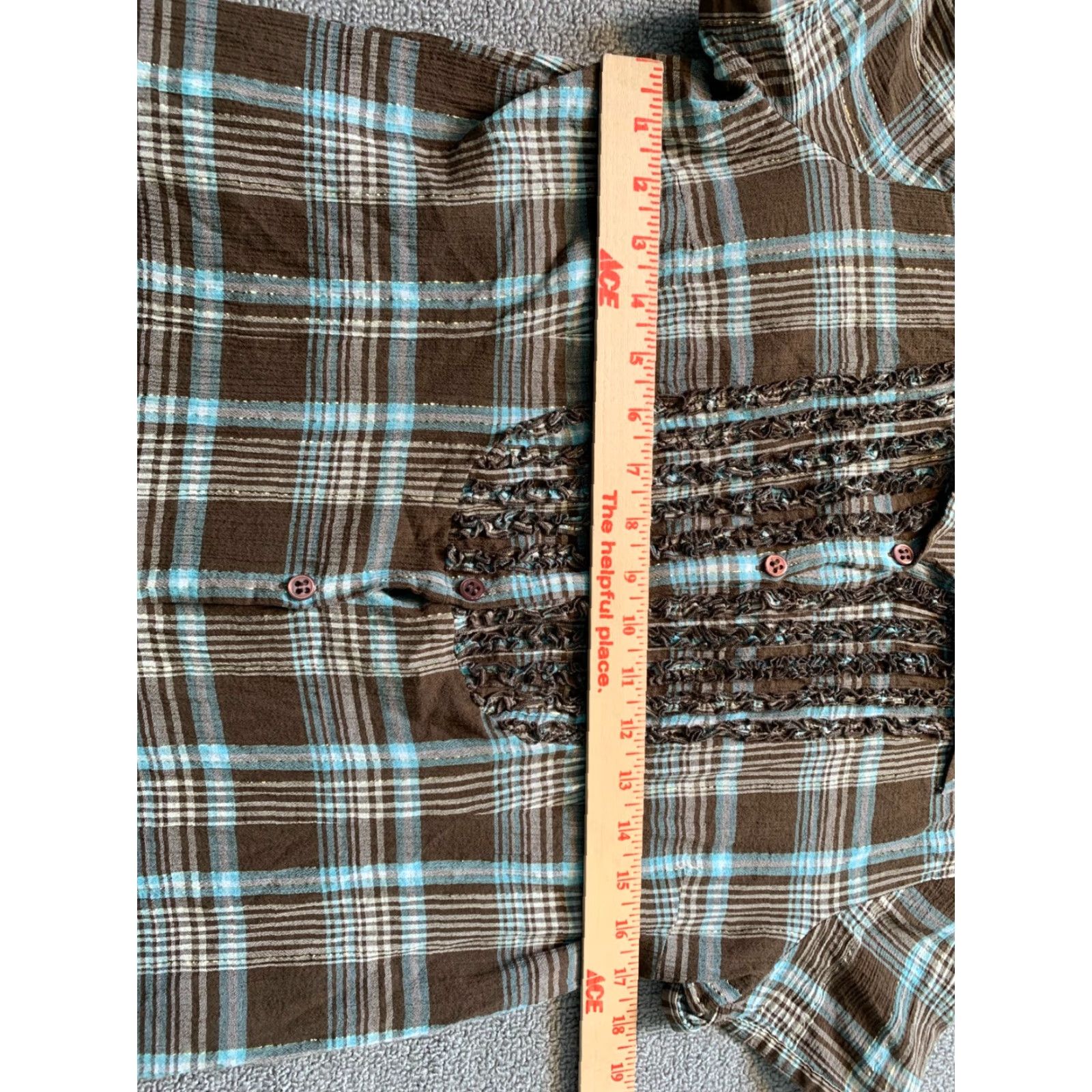 Vintage Emma James Womens 16 Short Sleeve Button-Up Plaid Brown Blue Ruffle Chest Shirt Women Size 38" / US 16 / IT 52 - 6 Thumbnail