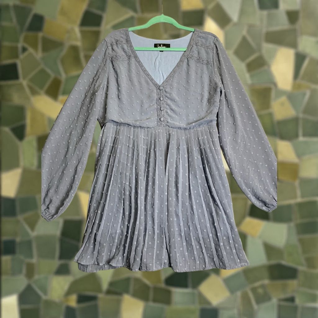 Lulus Lulus Poetic Love Dusty Blue Swiss Dot Long Sleeve Pleated Mini Dress XL Size Women Violet/Blue Pattern Polka Dot Size XL / US 12-14 / IT 48-50 - 1 Thumbnail
