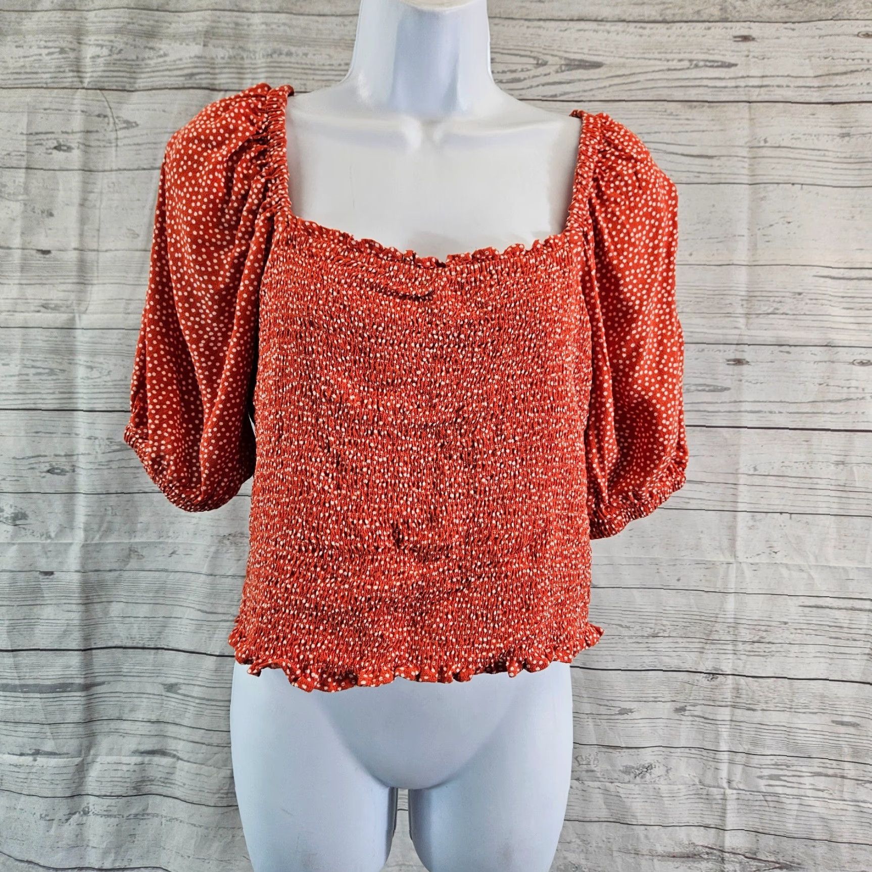Loft Ann Taylor LOFT Womens Smocked Crop Top Sz Small Red/Orange Spotted Rayon Size S / US 4 / IT 40 - 2 Thumbnail