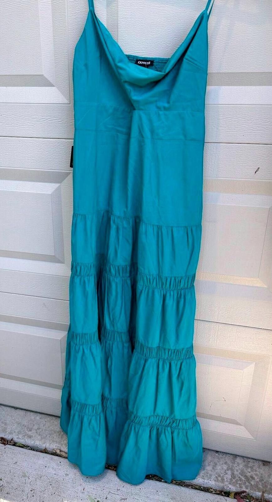 Express Express Teal Maxi Dress With Spaghetti Straps & Tiered Skirt Size L / US 10 / IT 46 - 1 Thumbnail
