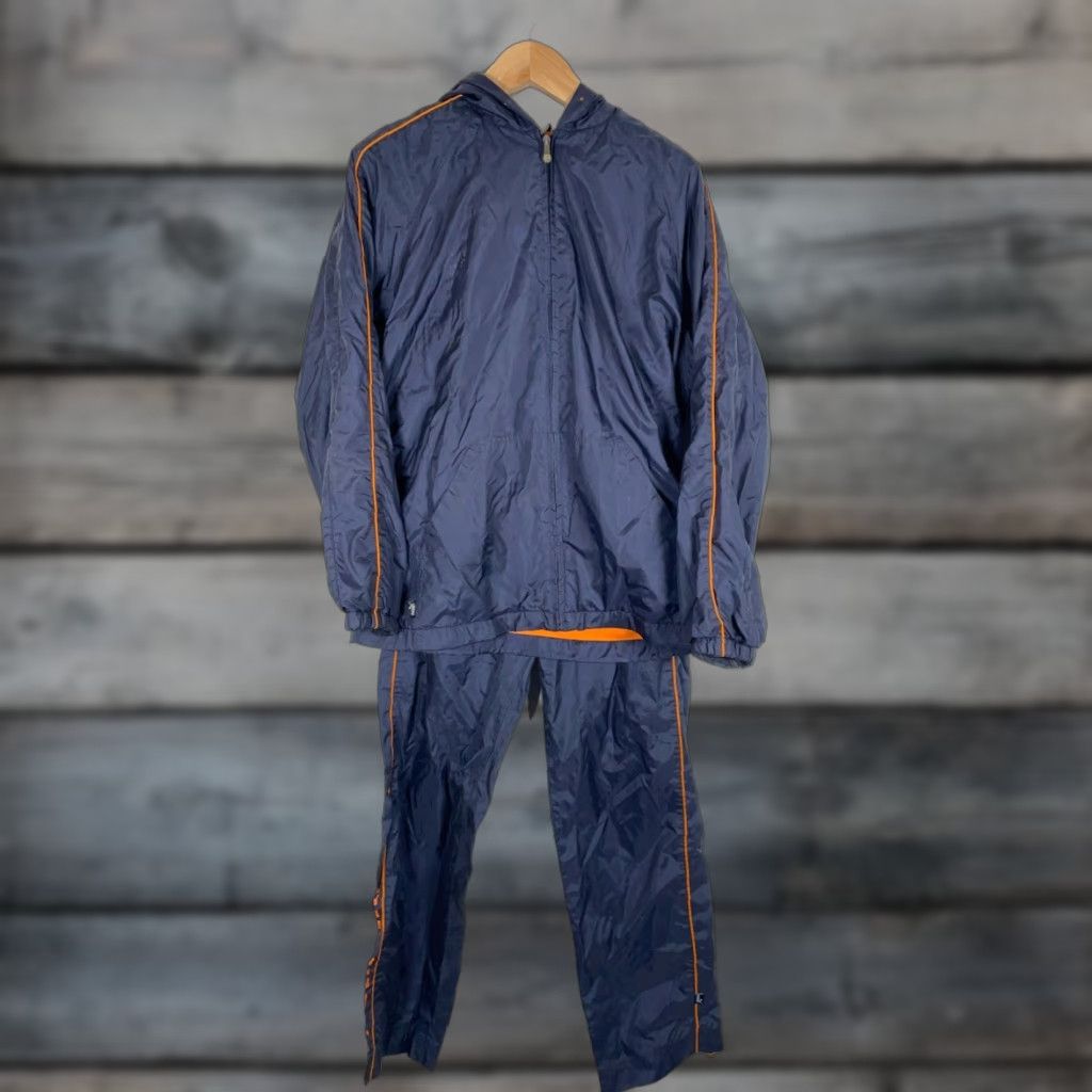 Puma Puma Tracksuit Windbreaker Jacket Pants Dark Blue Orange Fleece Lined 2 Piece Nylon Zip Pockets Mens M Size US 31 - 1 Thumbnail