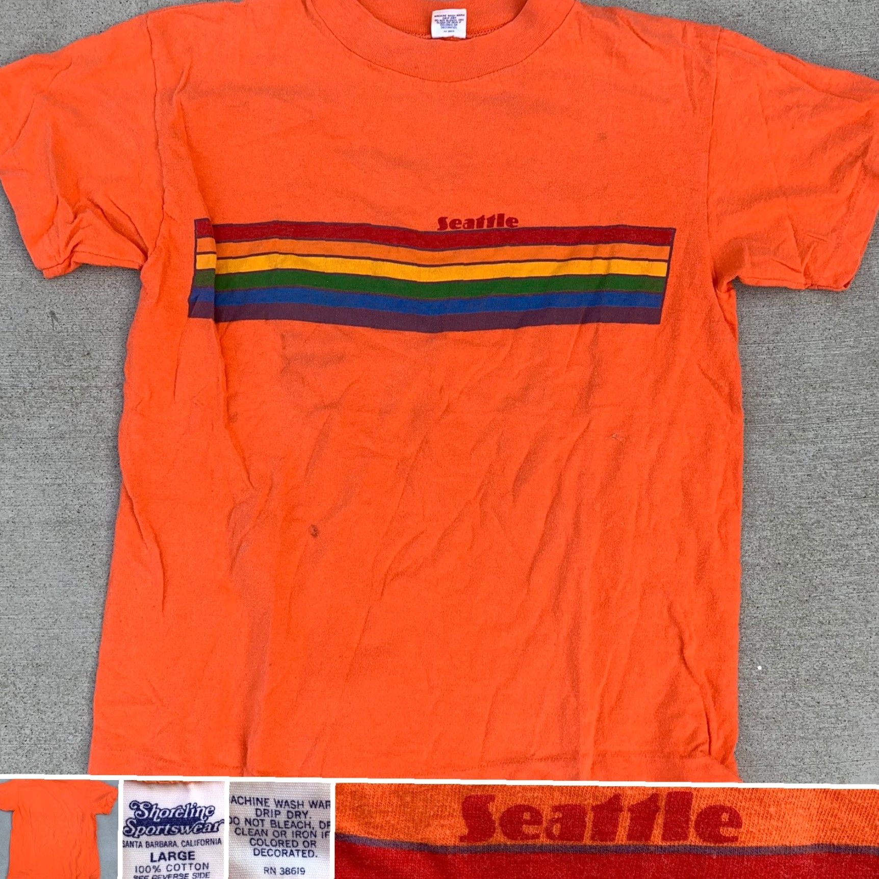 Rainbow Vintage Shoreline Sportswear t-Shirt Seattle rainbow graphics 80s 70s L Unisex Orange Cotton Graphic Tee Shirt Decade 1980s Size US L / EU 52-54 / 3 - 3 Thumbnail