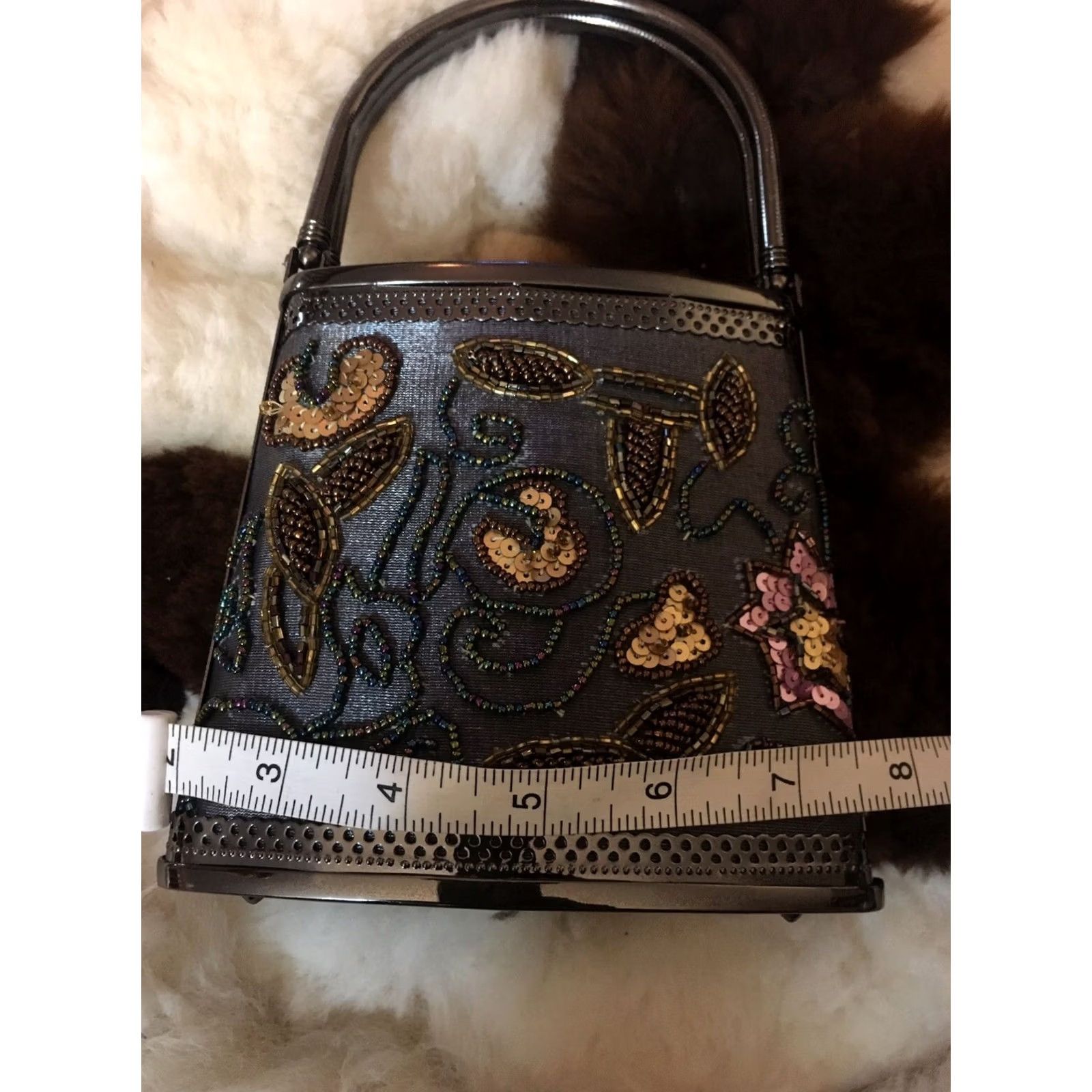 Vintage Grey Clutch Bag Beaded Sequin Metal Handle Small Women Size ONE SIZE - 6 Thumbnail
