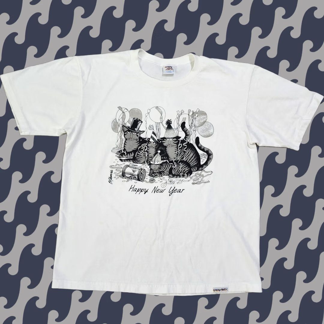 Vintage Crazy Shirts Kliban Happy New Year Cats Hawaiian Single Stitch T Shirt L White Mens, Men's