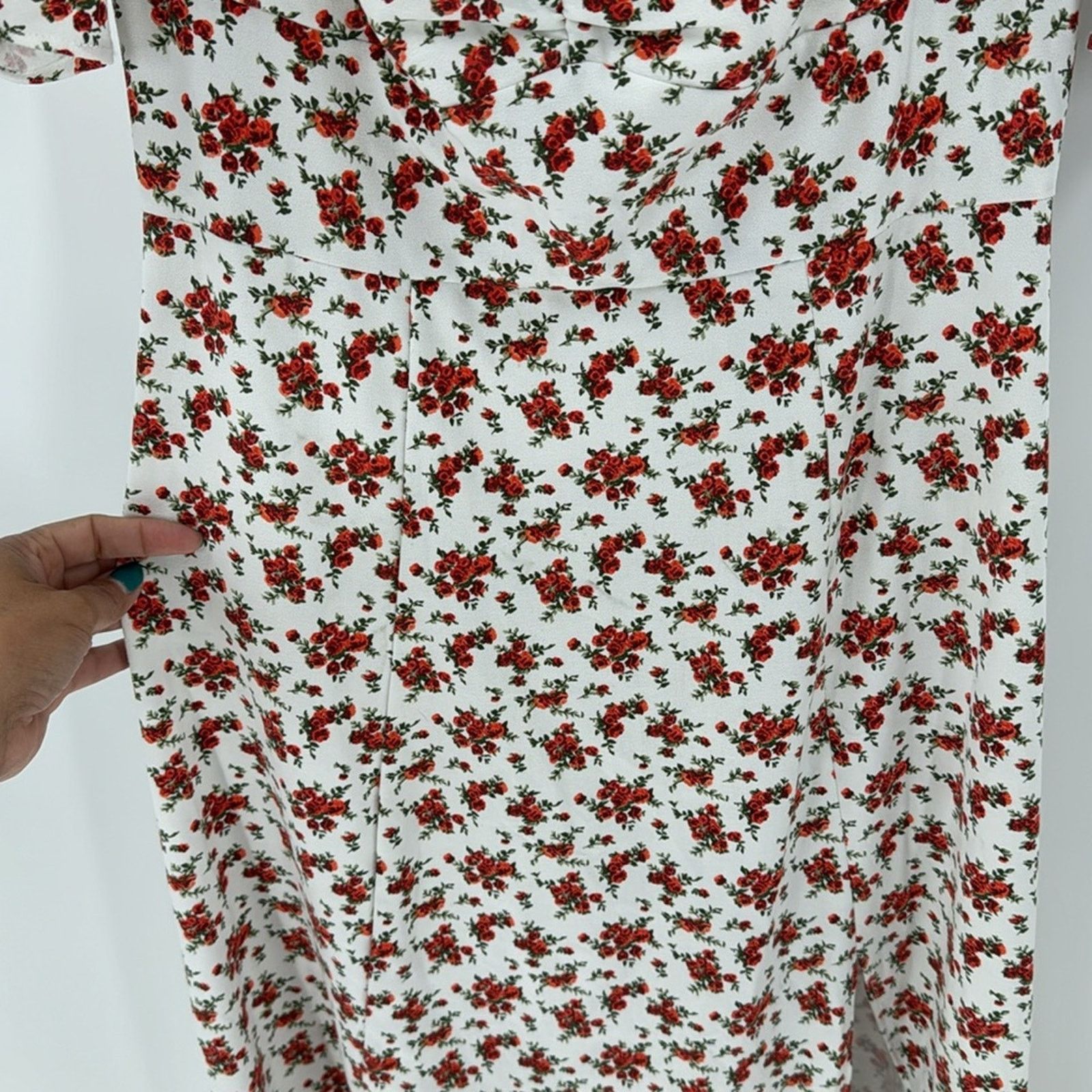 Other Danielle Bernstein White red Floral Midi Dress Puff Sleeve Size XS / US 0-2 / IT 36-38 - 8 Thumbnail