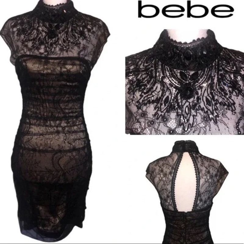 Vintage Bebe | Vintage Y2K Black Lace Cocktail High Neck Mini Dress Size S / US 4 / IT 40 - 10 Thumbnail