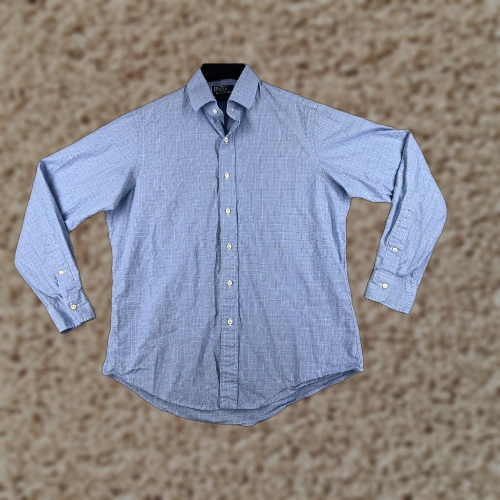 VINTAGE Polo Ralph Lauren Button-Up Shirt Adult 16 Blue Plaid Cotton Custom Fit 34-35 Mens