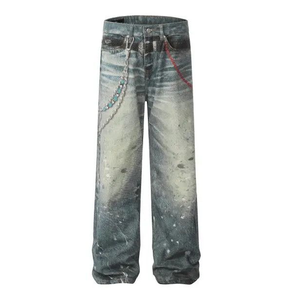 Japanese Brand Emi High Street Washed Loose Wide Leg Inkjet Printed Jeans Size US 32 / EU 48 - 1 Thumbnail