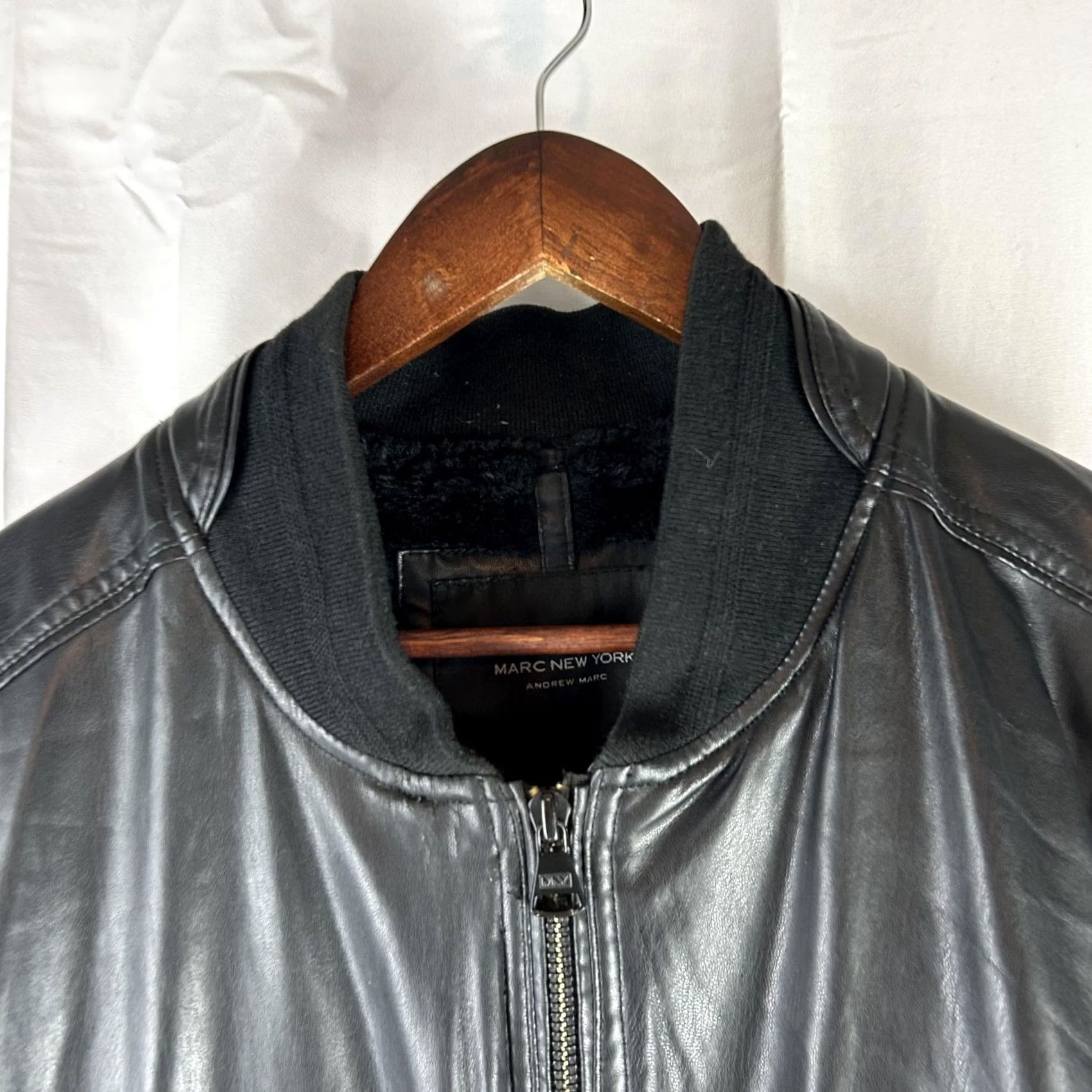 Vintage Marc New York Mens XL Black Faux Leather Bomber Jacket Insulated Faux Fur Lined Size US XL / EU 56 / 4 - 3 Thumbnail