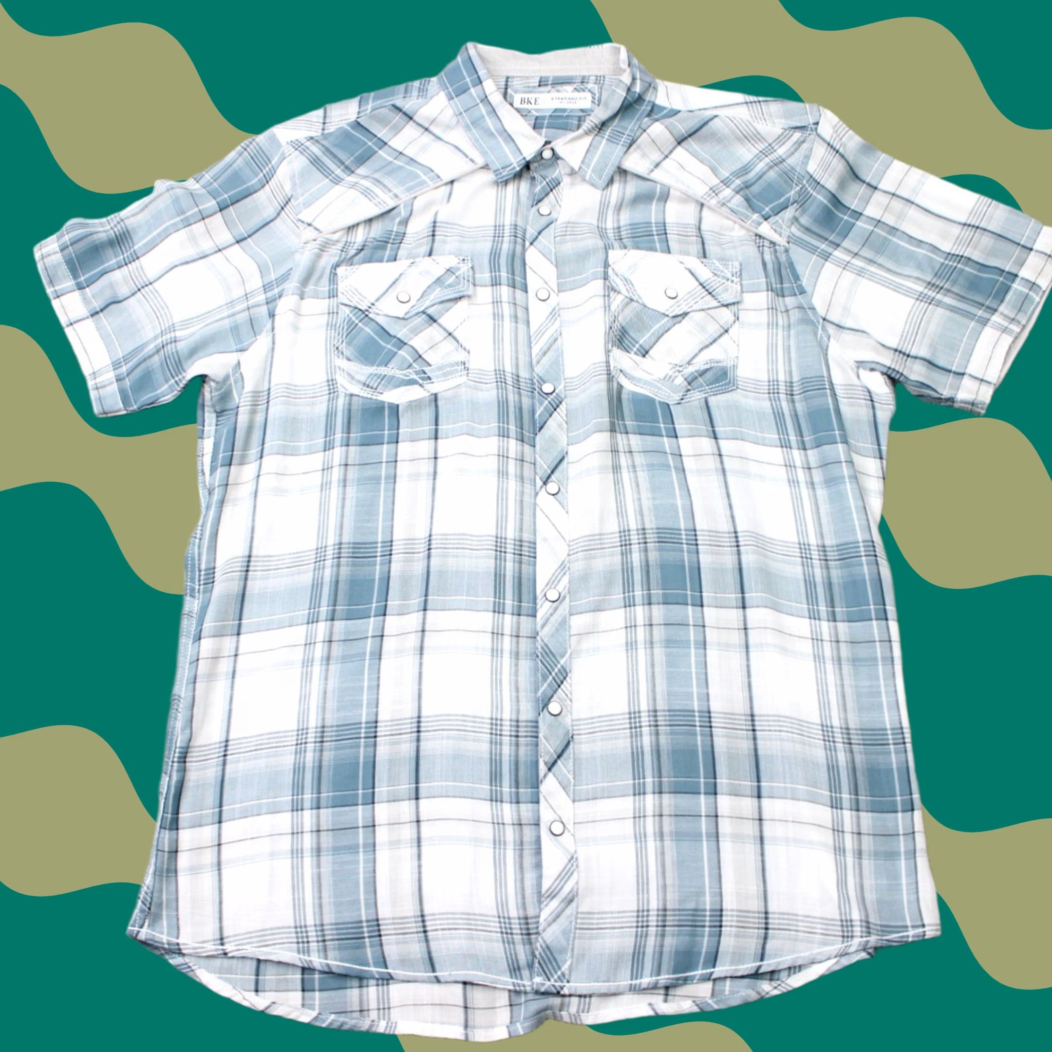BKE BKE Shirt Mens 2XL XXL Blue/White Plaid Pearl Snap Short Sleeve Standard Fit Size US XXL / EU 58 / 5 - 1 Thumbnail