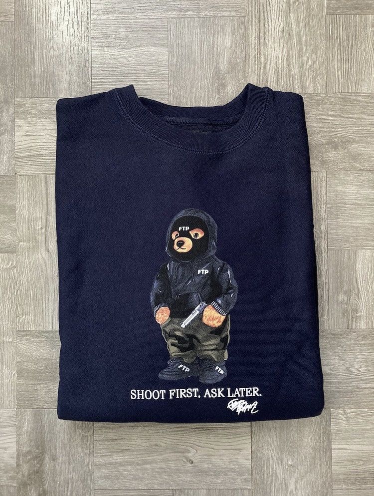 image of Fuck The Population Ftp Hooded Bear Crewneck Sweatshirt (Navy), Men's (Size Large)