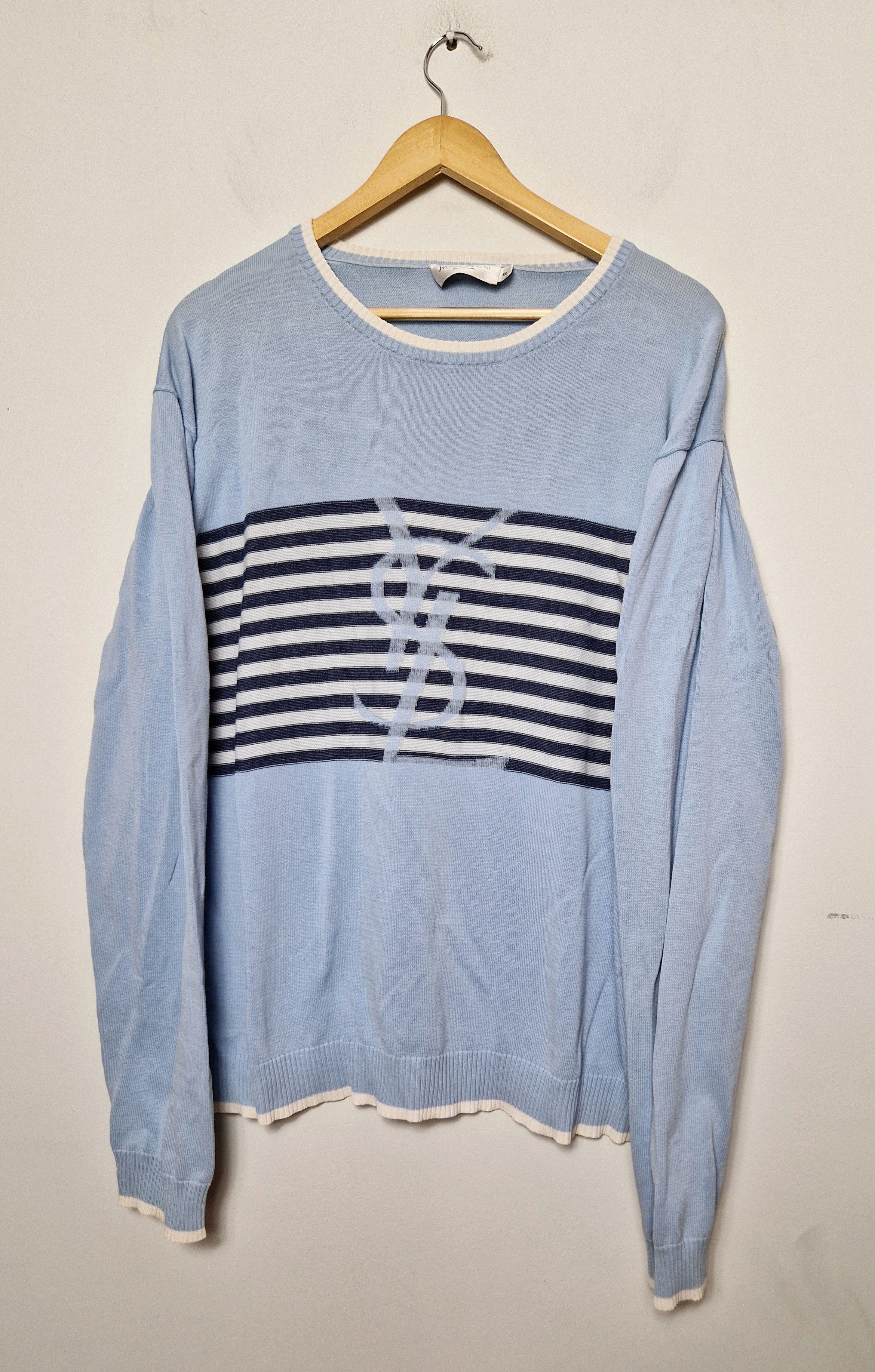 image of Vintage x YSL Pour Homme YVES Saint Laurent YSL Big Box Logo Baby Blue Sweater, Men's (Size 2XL)