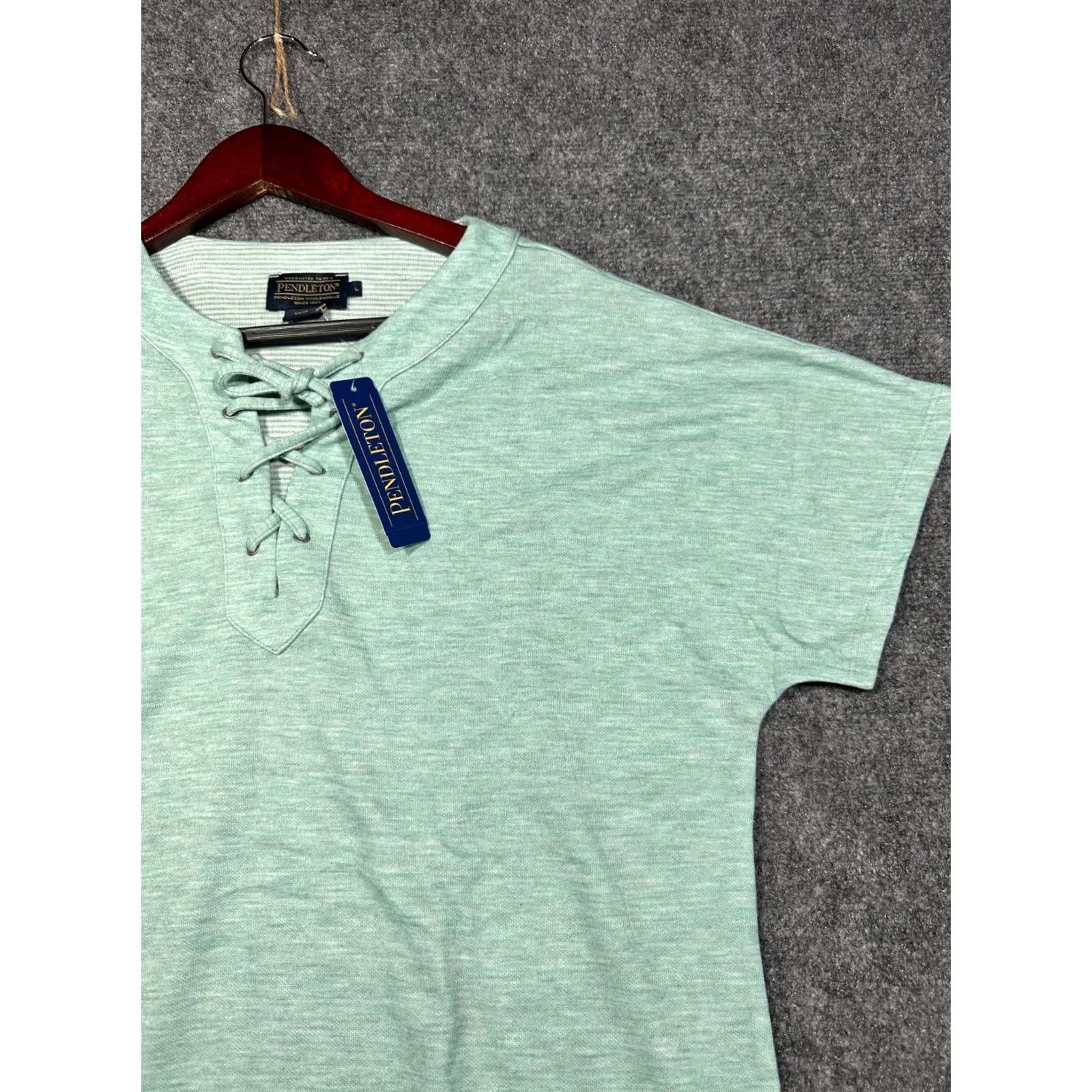 Pendleton Pendleton Womens Large Green Stretch Knit Lace Up Neck V-Neck T-Shirt Short Sleeve Cap Casual Shirt Ladies Regular Fit Size L / US 10 / IT 46 - 4 Thumbnail