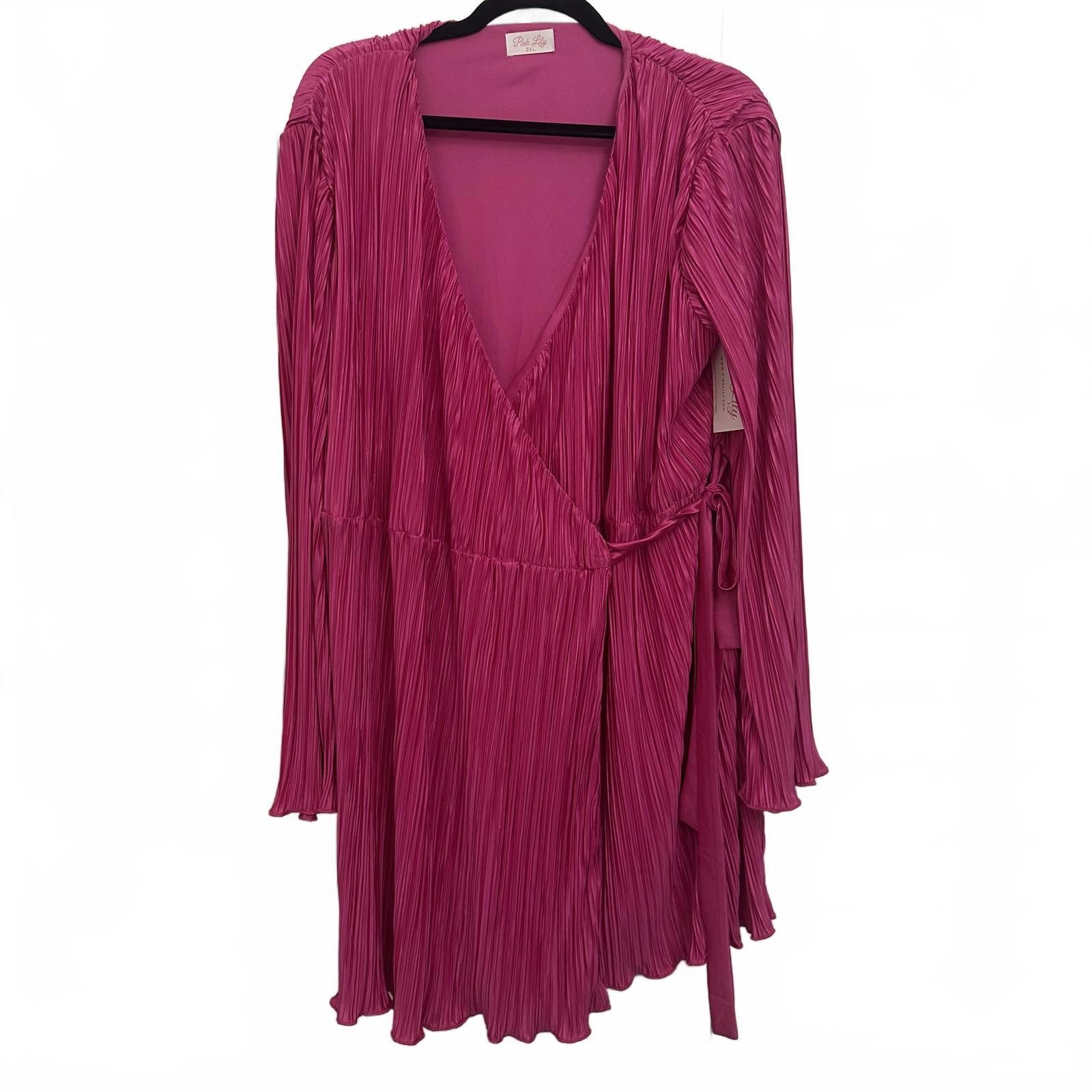 Designer Stunning Pink Pleated Wrap Dress by Pink Lily - Size 2XL Size XXL / US 16-18 / IT 52-54 - 1 Thumbnail