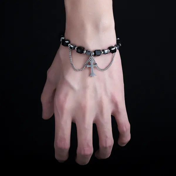 Jewelry Black Beaded Cross Charm Men's Bracelet Size ONE SIZE - 6 Thumbnail