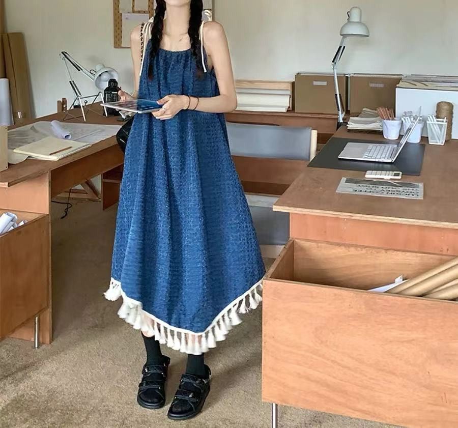 image of Vintage Loose And Slimming Patchwork Suspender Dress in Blue, Women's (Size Medium)
