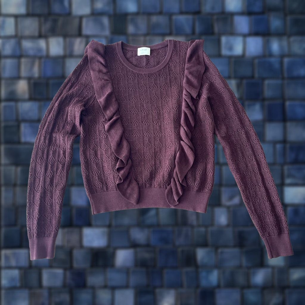 Vintage Wilfred Bernelle Sweater Womens Large Maroon Ruffle Open Knit Sweatshirt Knit Pullover Size L / US 10 / IT 46 - 1 Thumbnail