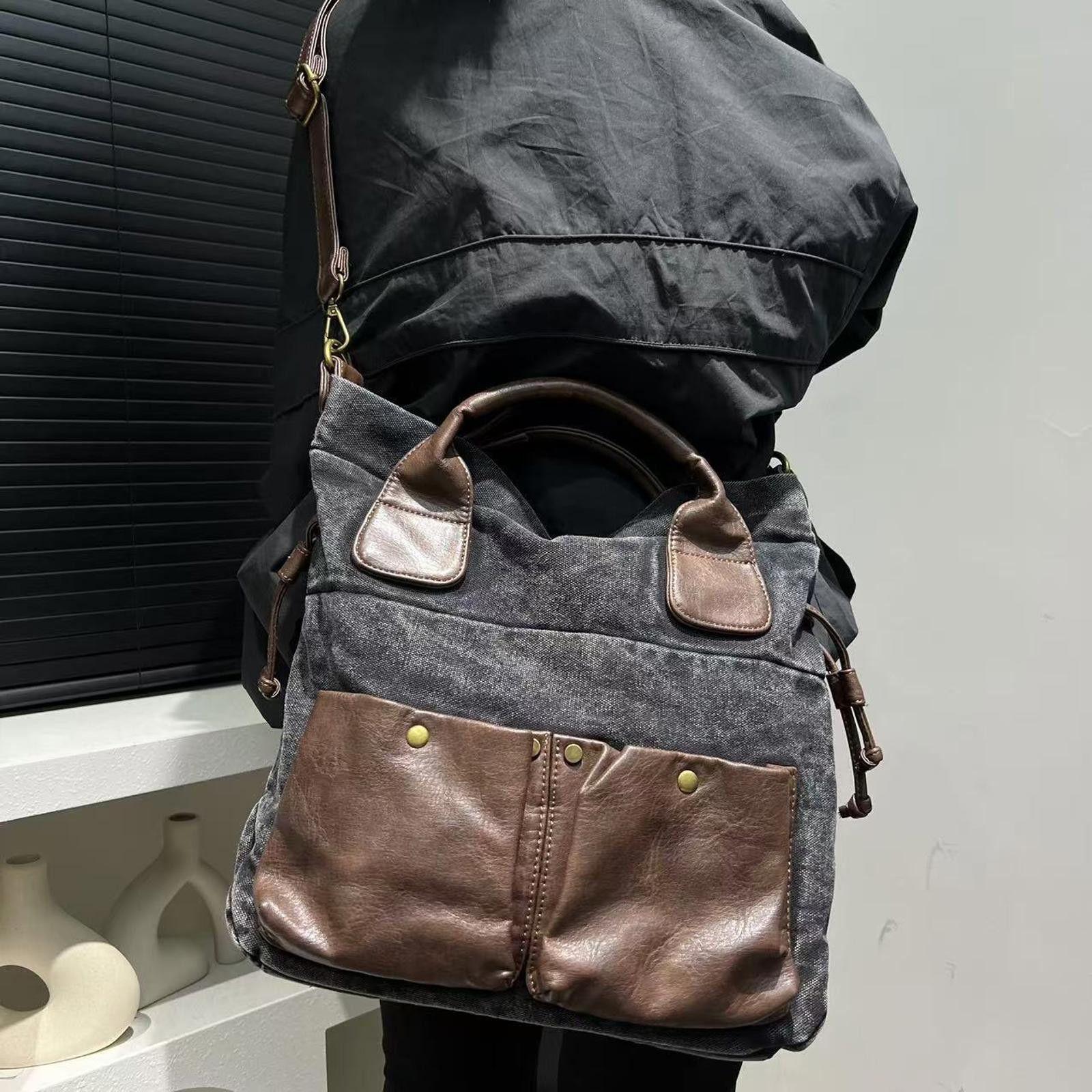 Vintage Gray Canvas Leather Pocket Handbag, Shoulder Bag Size ONE SIZE - 3 Thumbnail