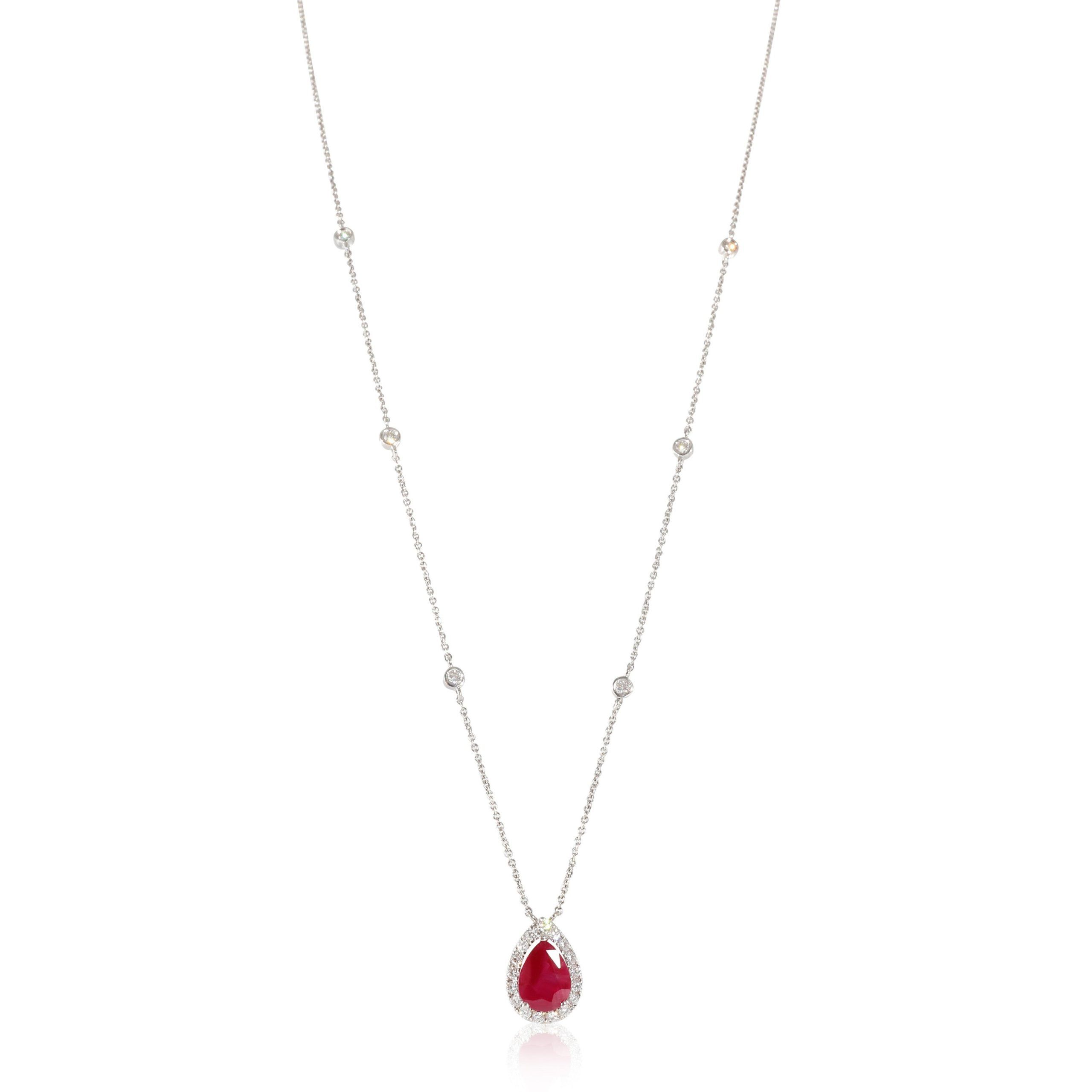 18K White Gold Ruby Halo Pendant With Diamond Chain .30 Ctw.