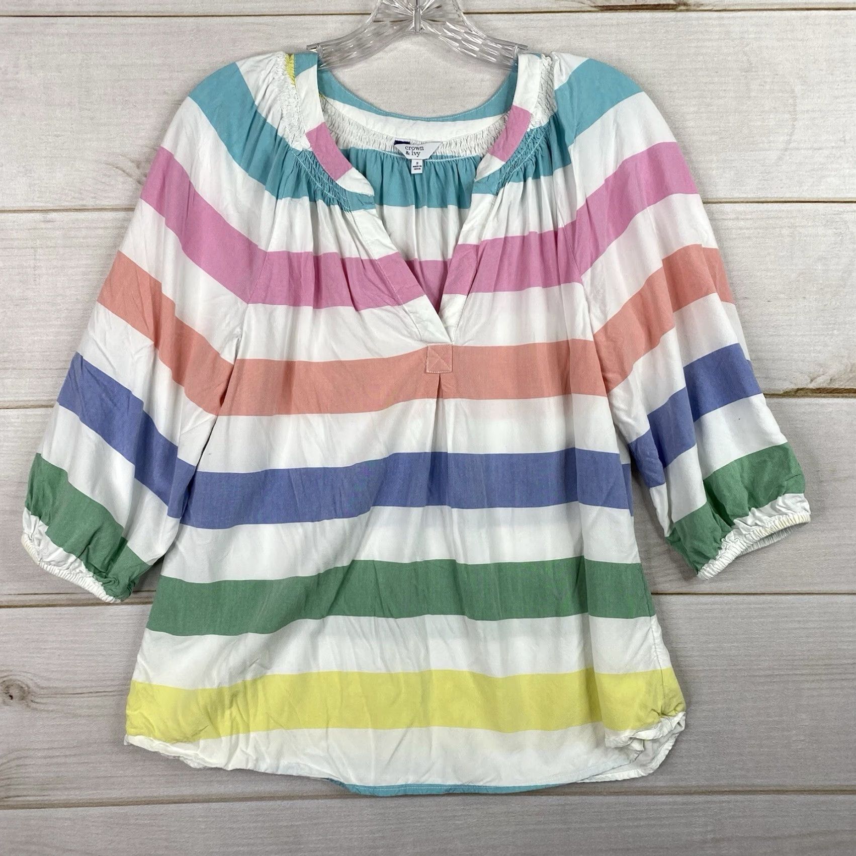 Vintage Crown & Ivy Top Womens S Rainbow Striped V Neck 3/4 Sleeve Lightweight Fun Size S / US 4 / IT 40 - 2 Thumbnail