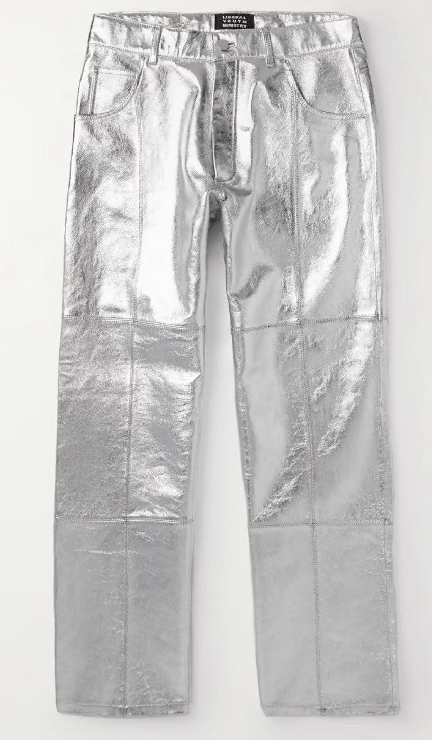 image of Liberal Youth&ministry Straight-Leg Panelled Metallic Leather Trousers in Silver, Men's (Size 36)