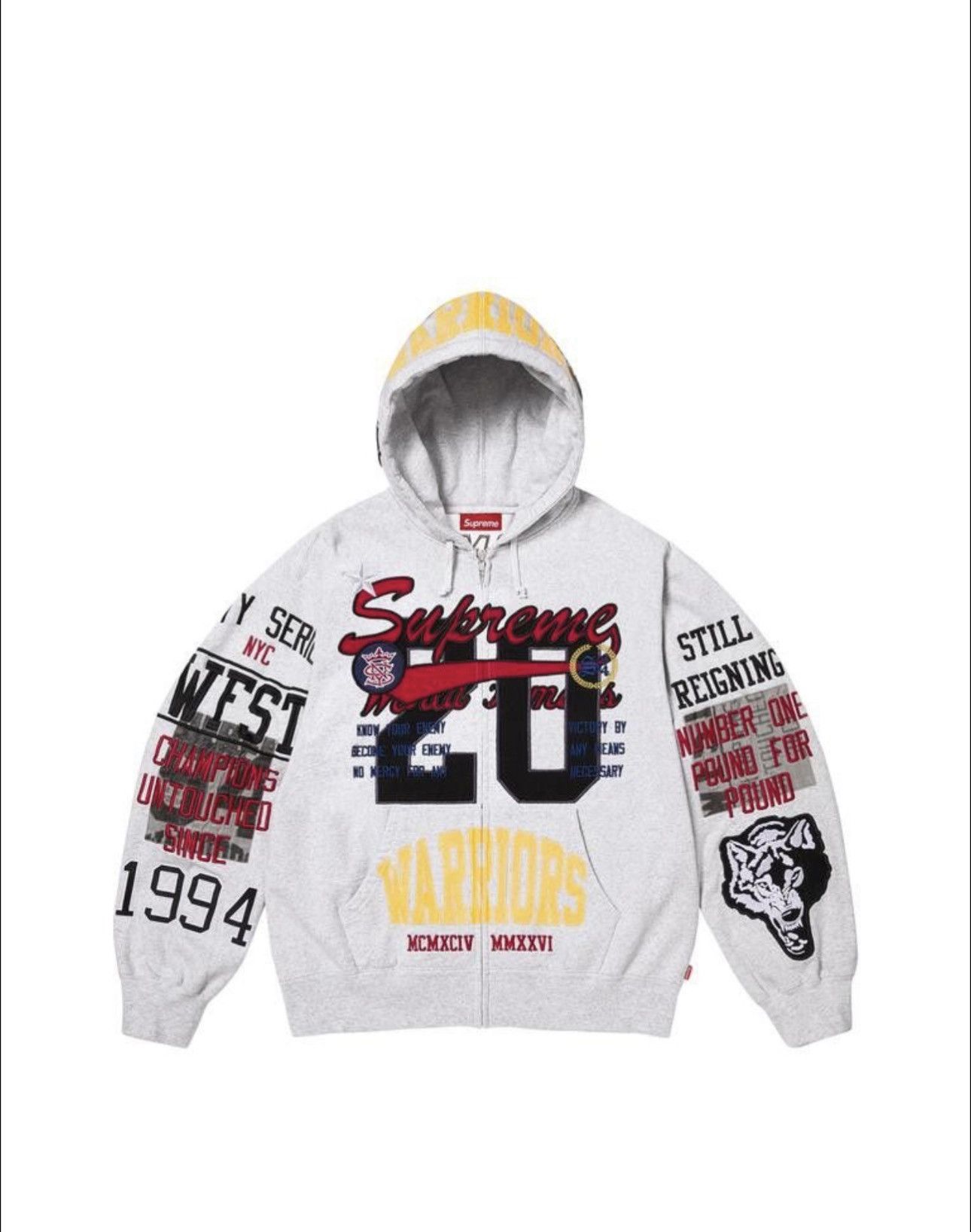 Supreme Warriors Appliqué Zip Up Hooded Sweatshirt Ash Grey