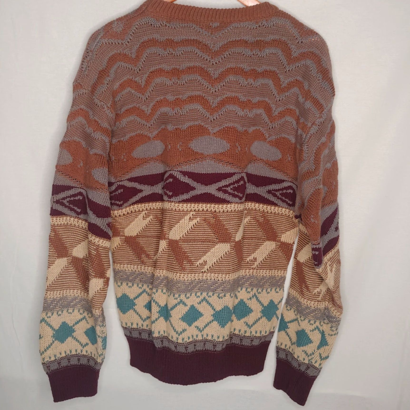 Vintage VINTAGE 1970s Men Sweater Pullover Crew Neck Long Sleeve Geometric Knit Acrylic Large Brown Blue Retro Grandpa Size US L / EU 52-54 / 3 - 6 Thumbnail