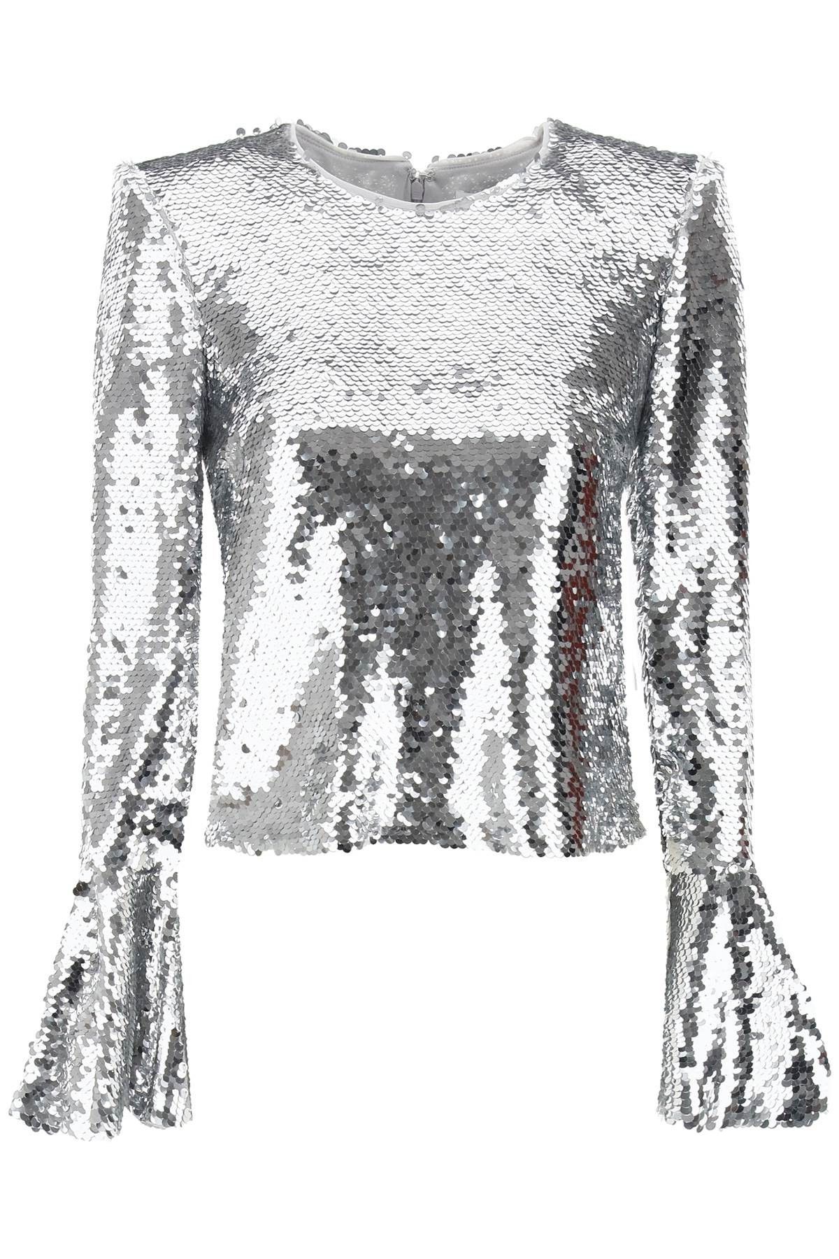 image of Self Portrait Sequined Cropped Top in Silver, Women's (Size Medium)