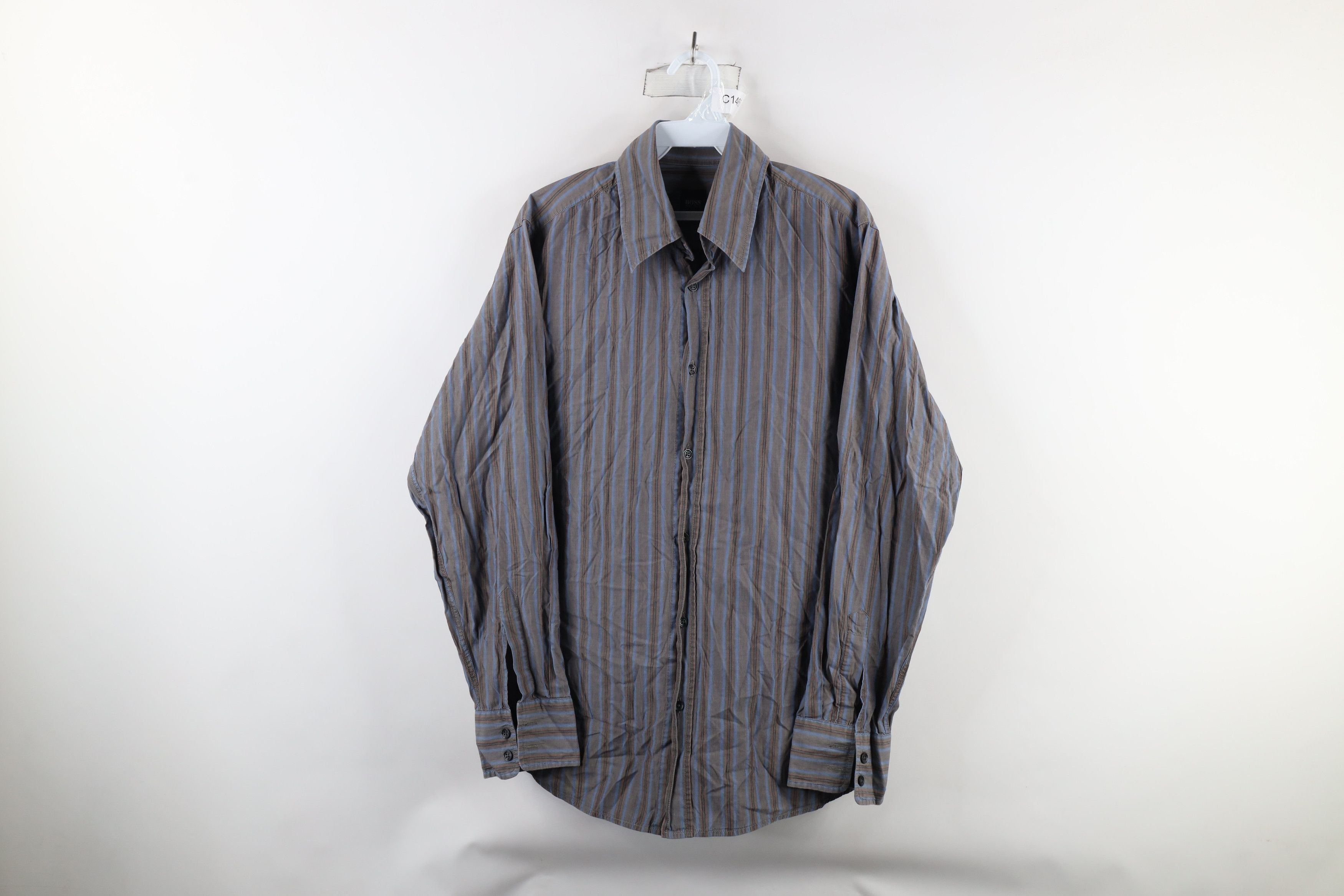 Hugo Boss × Vintage Hugo Boss Bodyline Striped Collared Button Shirt Cotton Size US L / EU 52-54 / 3 - 1 Thumbnail