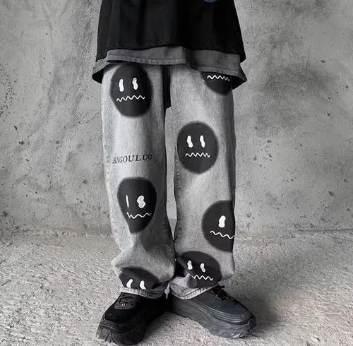 image of Vintage Smile Print Denim Jeans Streetwear in Grey, Men's (Size 32)