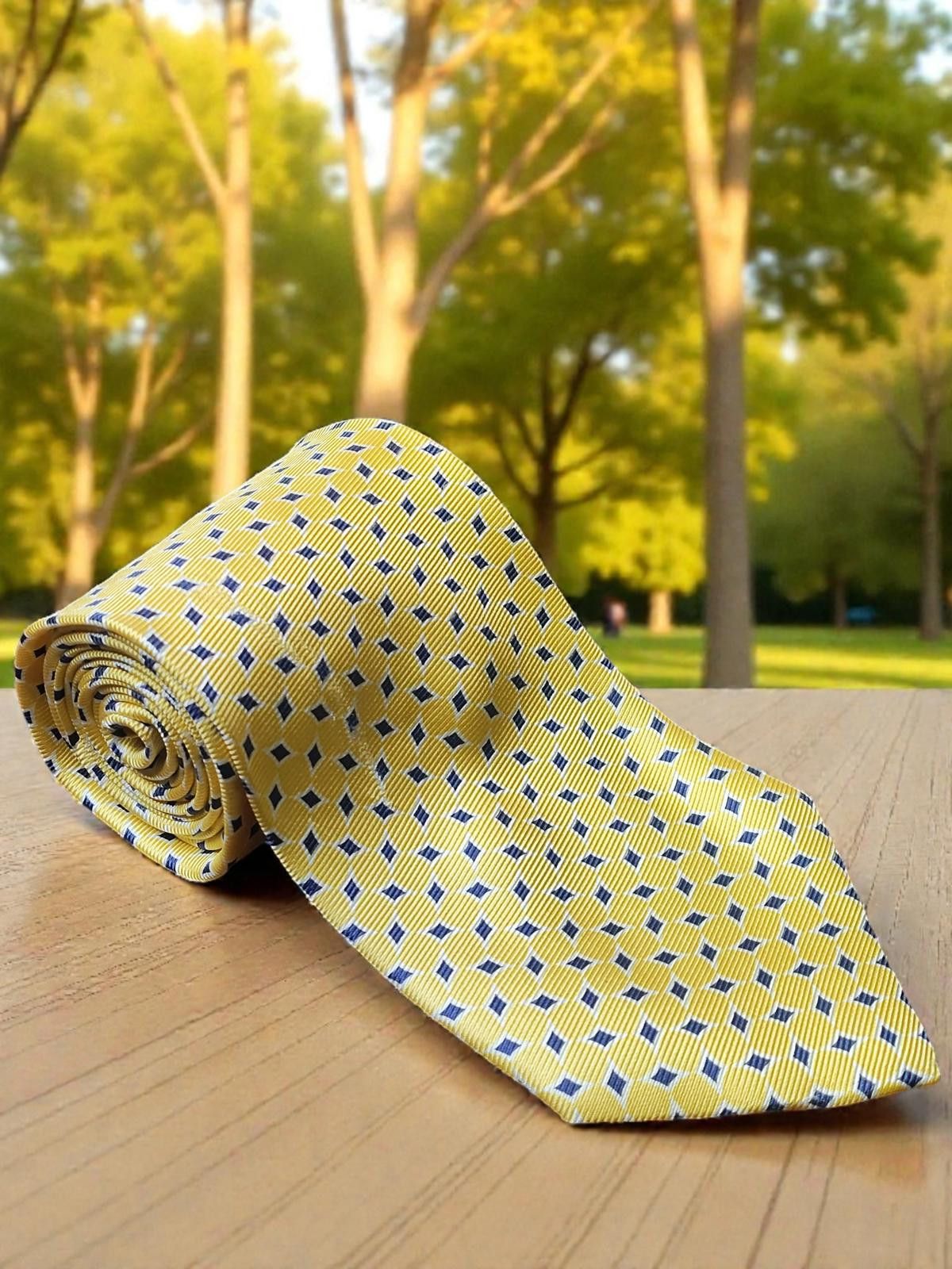 Jos. A. Bank Jos. A. Bank Pure Silk Men's Tie Yellow with Blue Geometric Size ONE SIZE - 1 Thumbnail