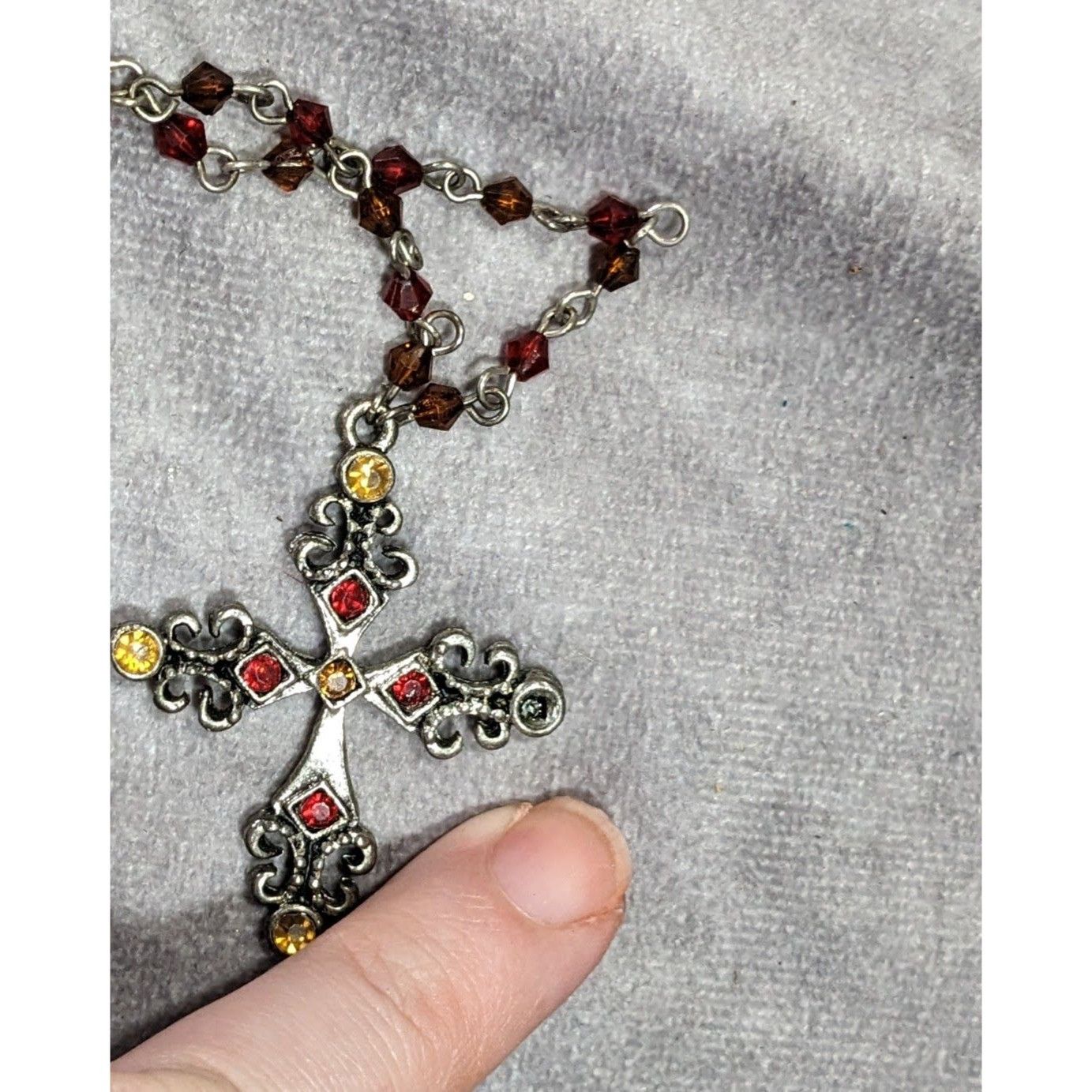 Other Gothic Medieval Red And Yellow Beaded Silver Tone Cross Neck Size ONE SIZE - 4 Thumbnail