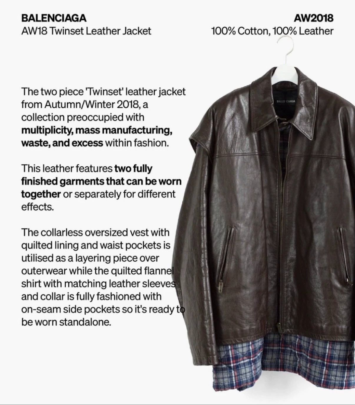 Balenciaga Balenciaga 18FW 2-in-1 Plaid Leather-Cotton Jacket Dark Brown 46 Size US S / EU 44-46 / 1 - 8 Thumbnail