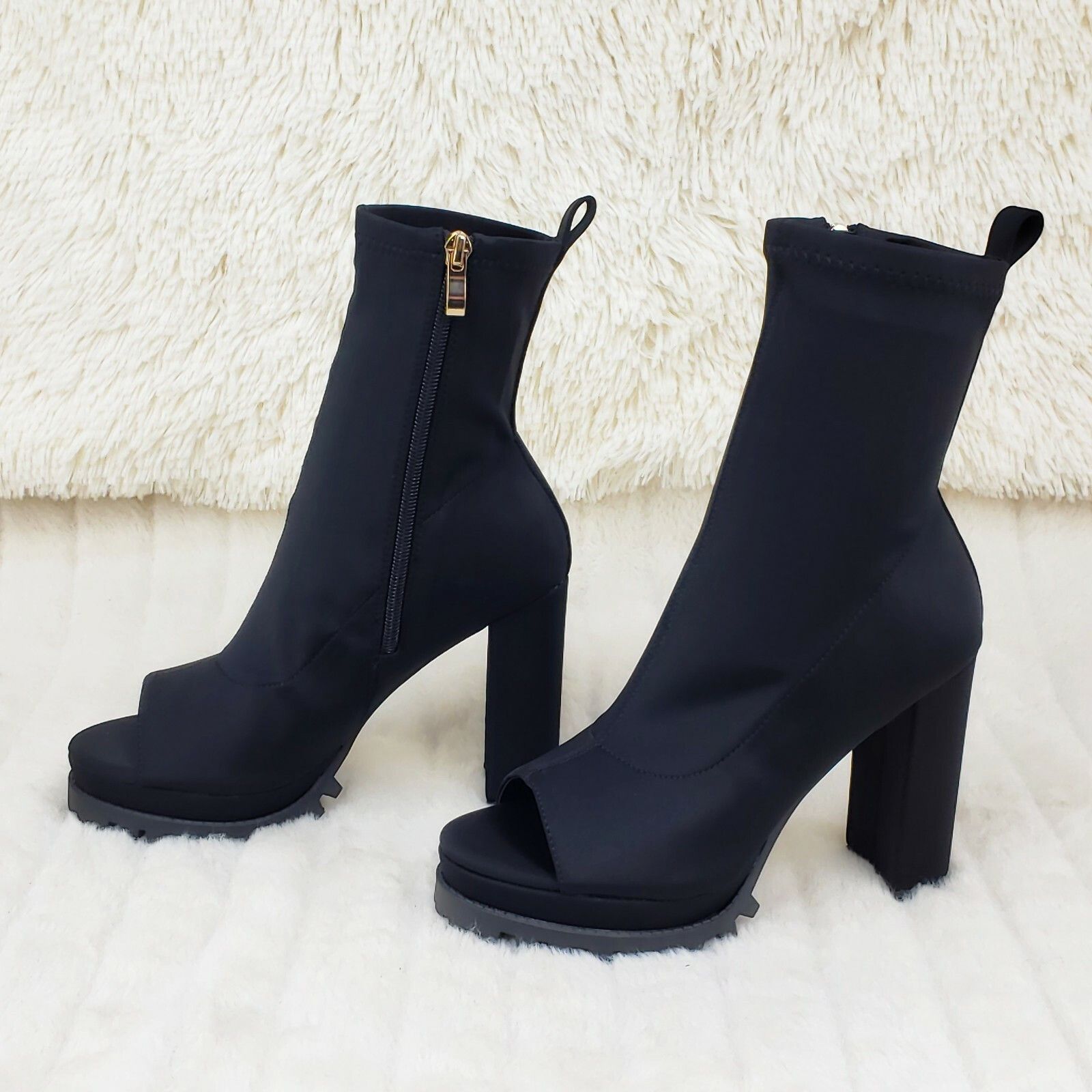 Other Natalie Black Chunky Heel Stretch Open Toe Lug Sole Ankle Bo Size US 7.5 / IT 37.5 - 4 Thumbnail