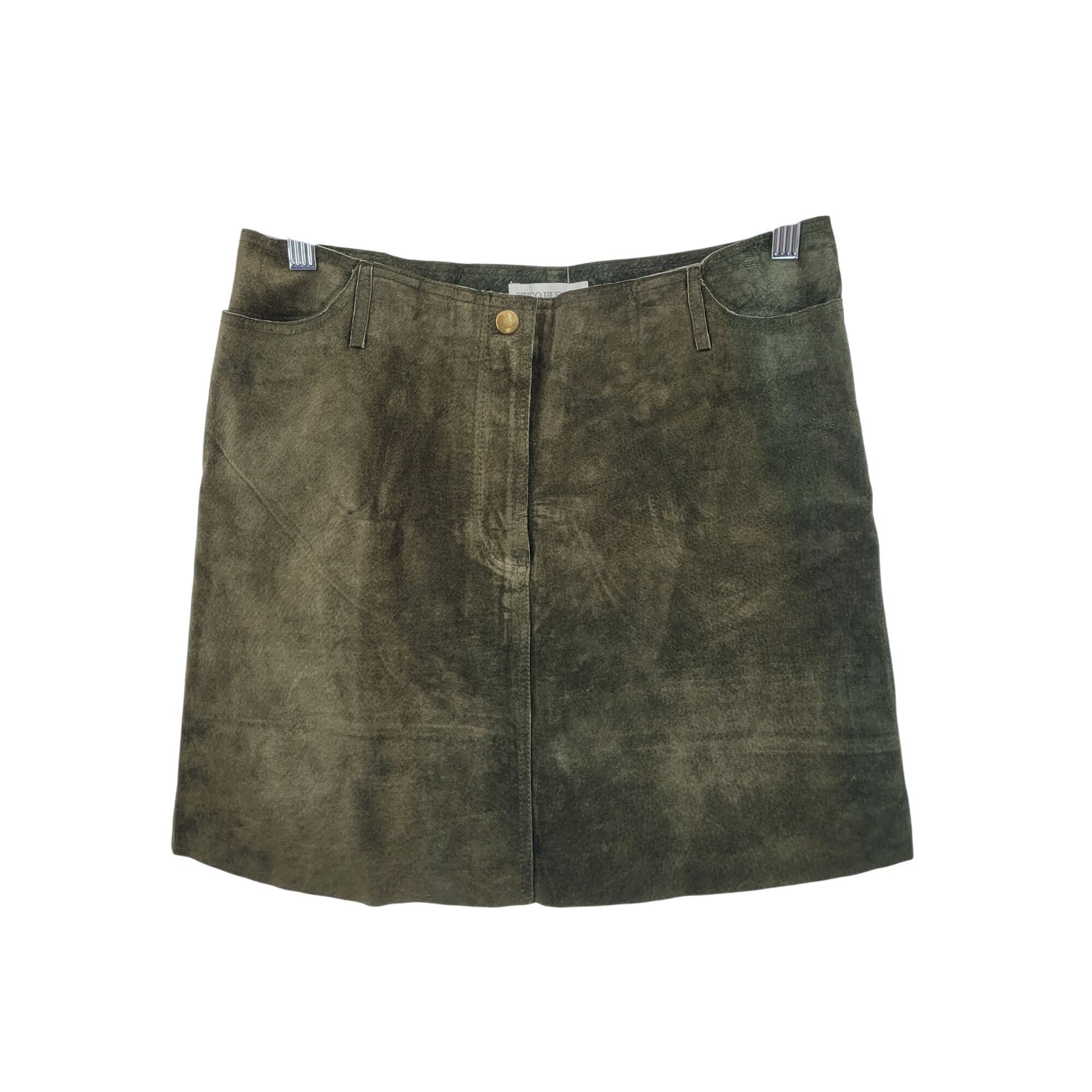 Vintage Vtg Olive Forest Green Suede Leather A-line Mini Skirt Women Size 32" / US 10 / IT 46 - 1 Thumbnail