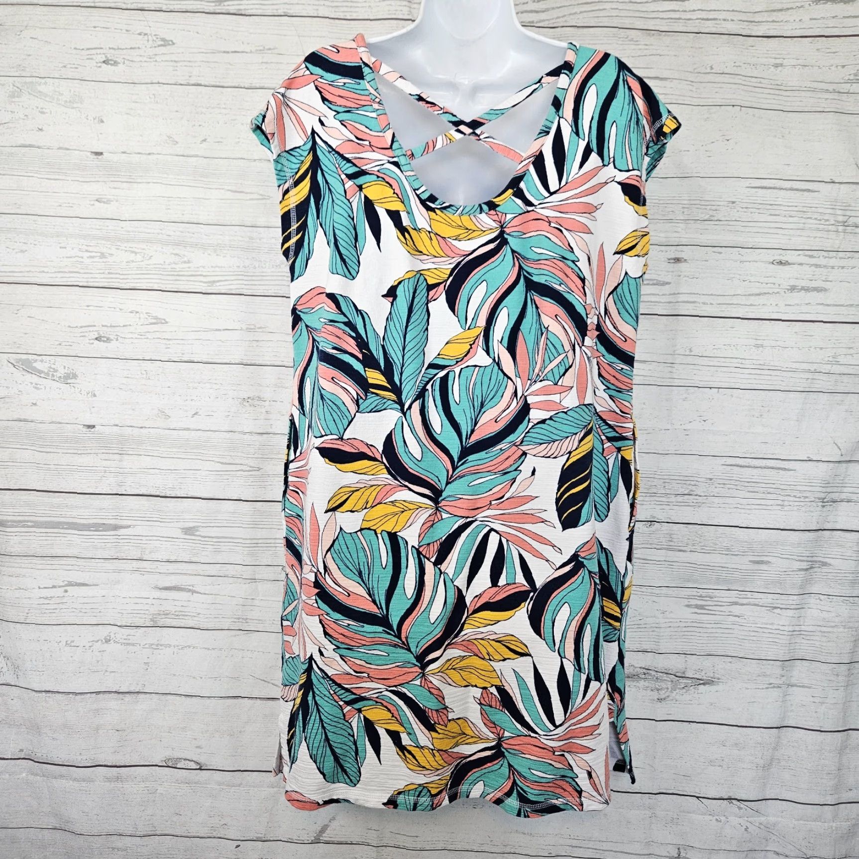 Talbots T by Talbots Womens Dress Sz Large Pink Blue Leaf Print Cotton Blend Pockets Size L / US 10 / IT 46 - 3 Thumbnail