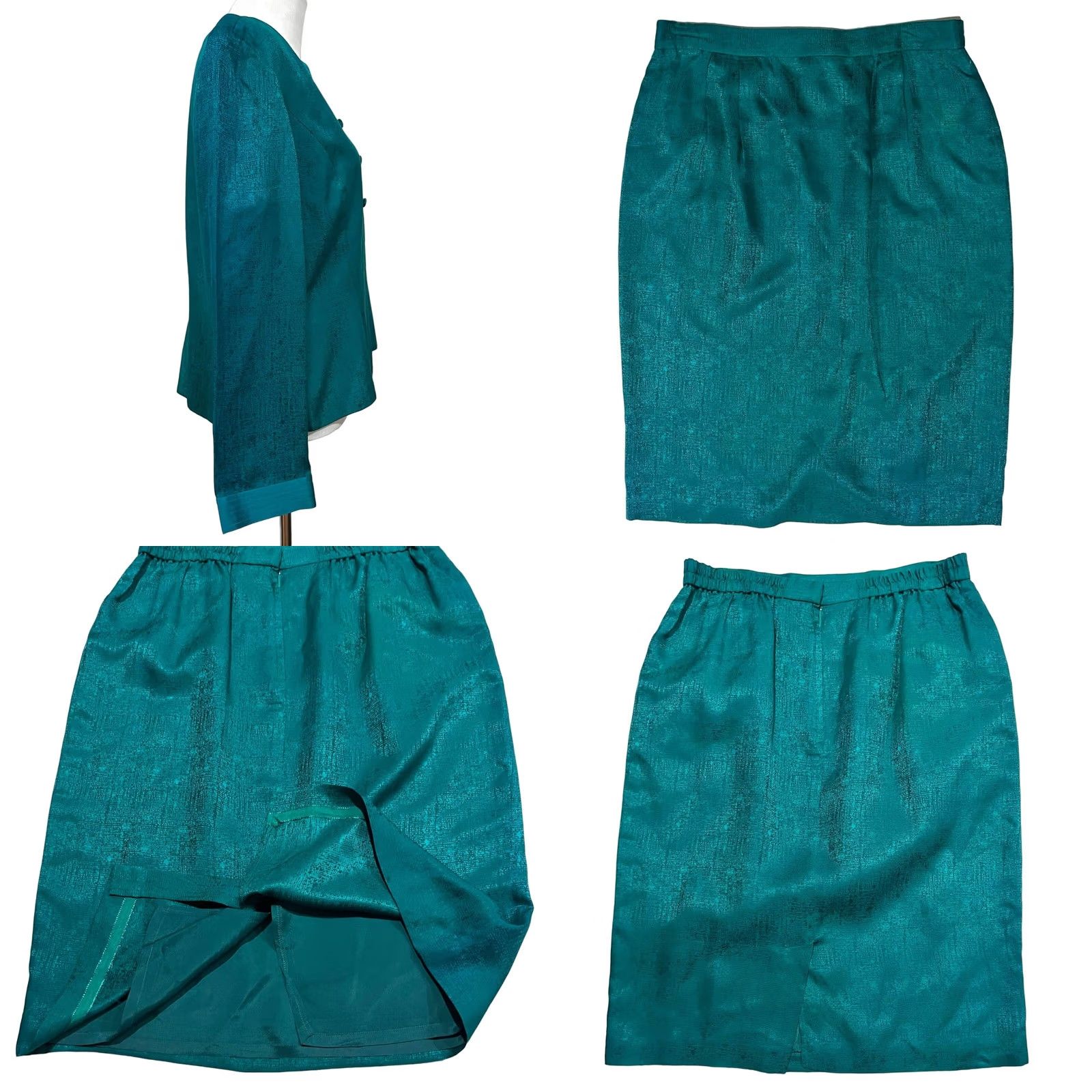 Adrianna Papell VINTAGE Adrianna Papell Silk Skirt Suit Set Jacket & Skirt 14 Teal Green/Blue Women Adults Mens Girls Size 36" / US 14 / IT 50 - 8 Thumbnail