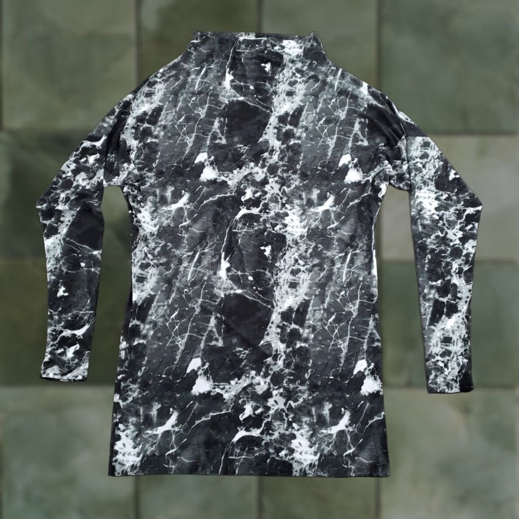 Norma Kamali KAMALIKULTURE x NORMA KAMALI Dress Womens L Black Marble Sheath Mock Neck Knee Length Sleeve Long Pattern Tie Dye Jersey Polyester Spandex Vintage No Size L / US 10 / IT 46 - 1 Thumbnail