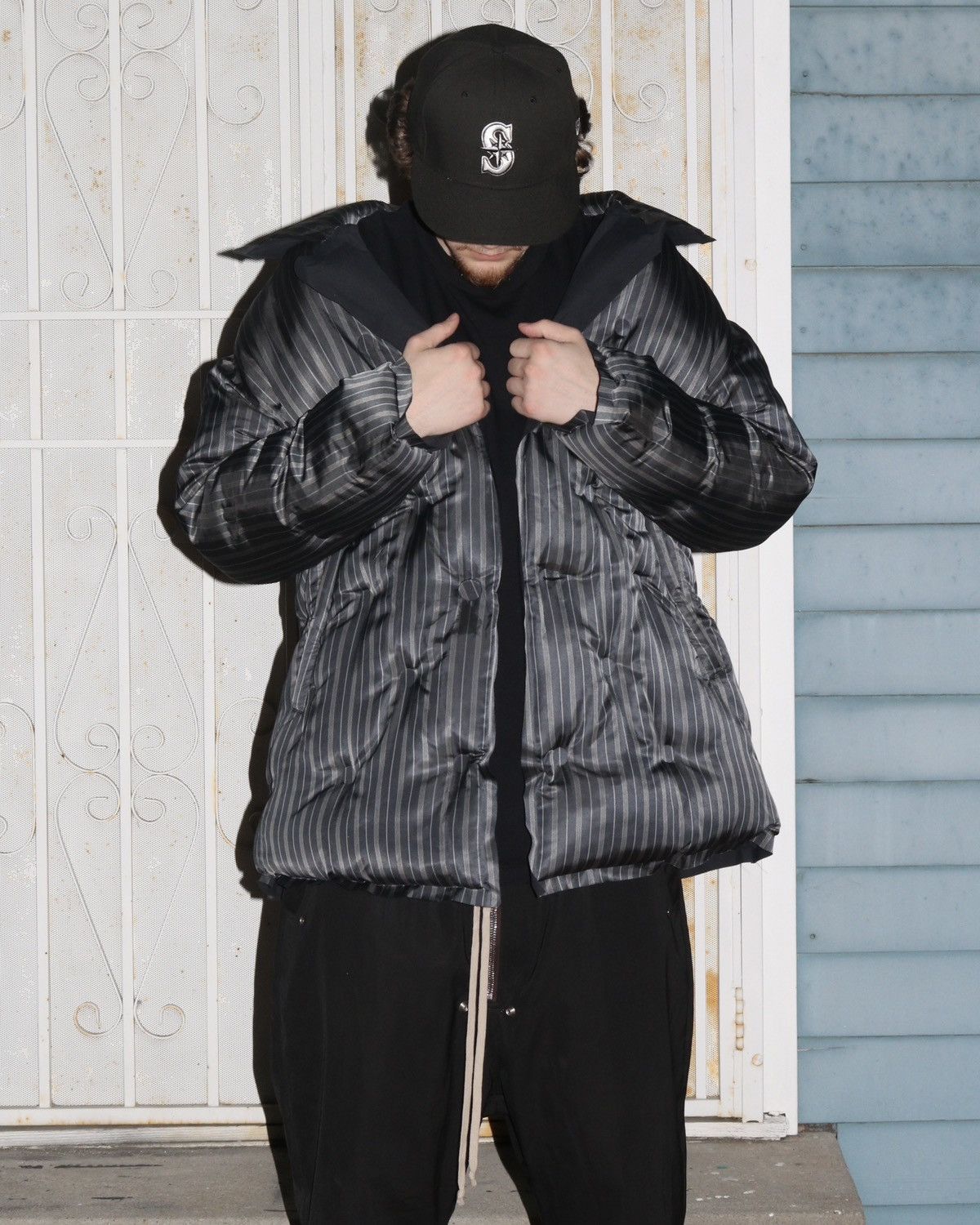 image of Maison Margiela Grey & Navy Striped Quilted Puffer in Black Pinstripe, Men's (Size XL)