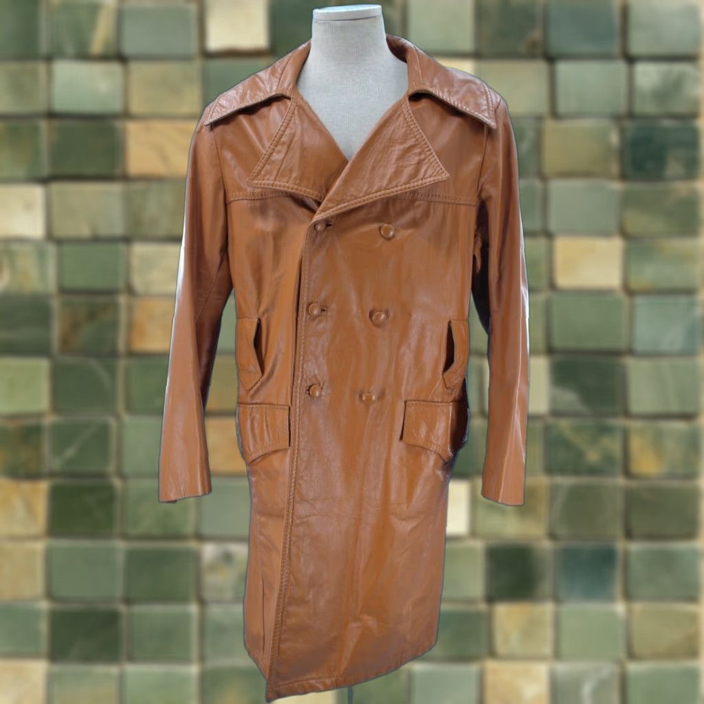 Vintage VINTAGE Mens 70s Brown Leather Trench Coat Sz 42 R 1970s Disco Kantex Leathers Coat Brown Leather 70s Disco Mens Size US XS / EU 42 / 0 - 1 Thumbnail