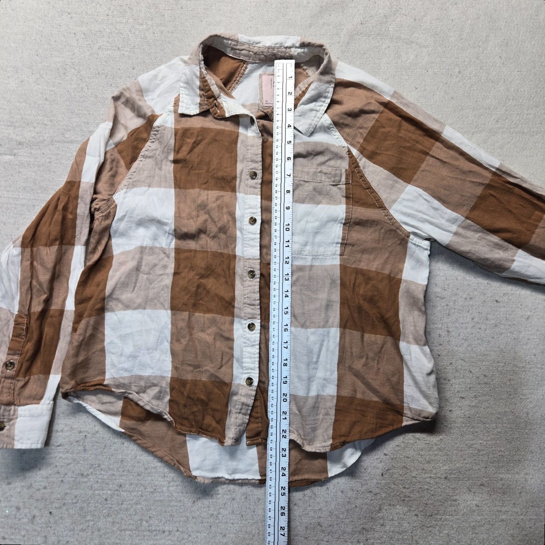 Vintage SO Shirt Plaid Button-Up Cropped Womens M Brown Wide-Check Cotton Modal Textured Shirt - 3/4 Sleeve? Size M / US 6-8 / IT 42-44 - 6 Thumbnail
