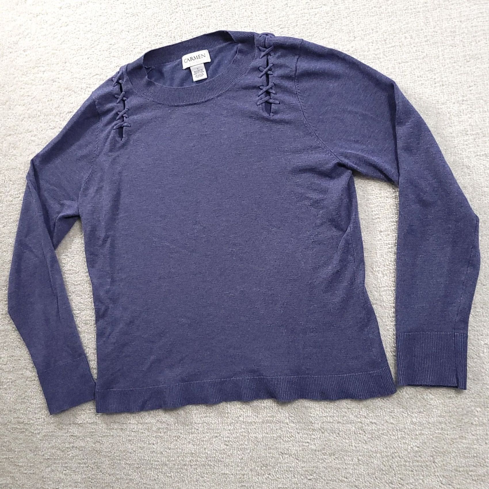 Vintage Carmen Marc Valvo Sweater Top Womens Large Blue Crewneck Lace Up Shoulders Knit Pullover Size L / US 10 / IT 46 - 2 Thumbnail