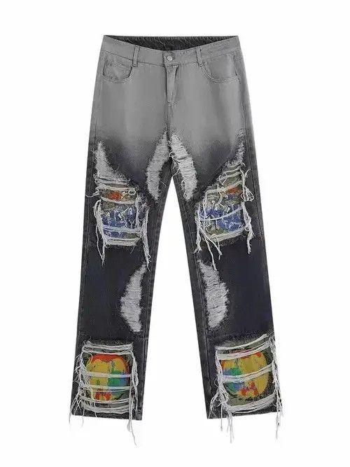 High Sport × Jean Embroidered Loose Straight Leg Ripped Jeans Size US 35 - 1 Preview