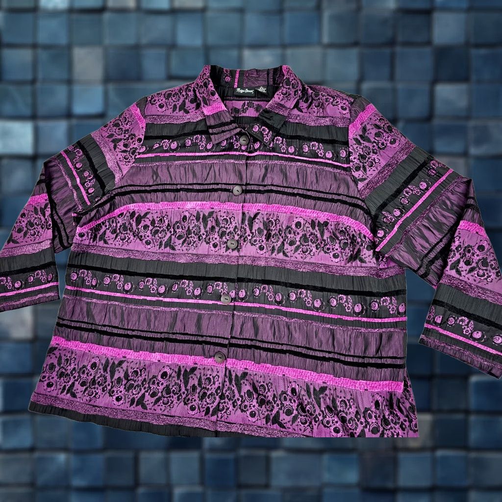 Vintage Maggie Barnes Tunic Shirt Women 3X Plus - Purple Black Floral Metallic Mock Neck Long Sleeve Shirt Womens Size XXL / US 16-18 / IT 52-54 - 1 Thumbnail