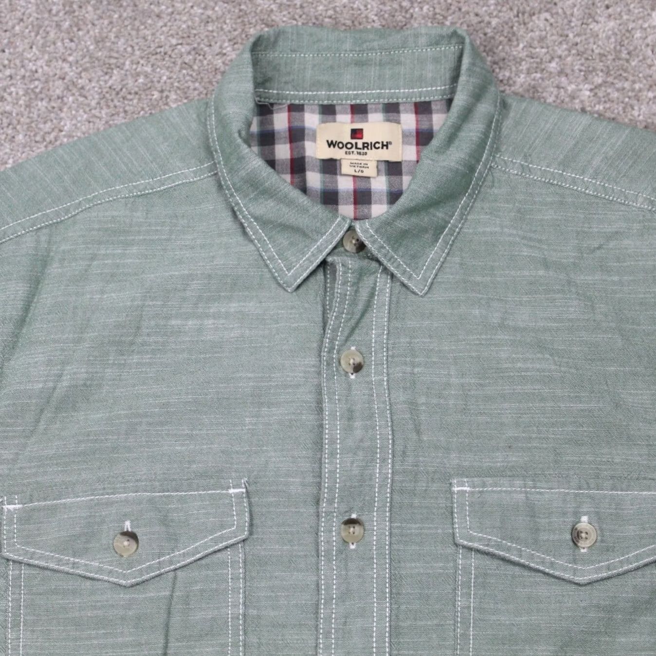 Vintage Woolrich Shirt Mens Large Green 100% Cotton Pockets Short Sleeve Button Up Size US L / EU 52-54 / 3 - 5 Thumbnail